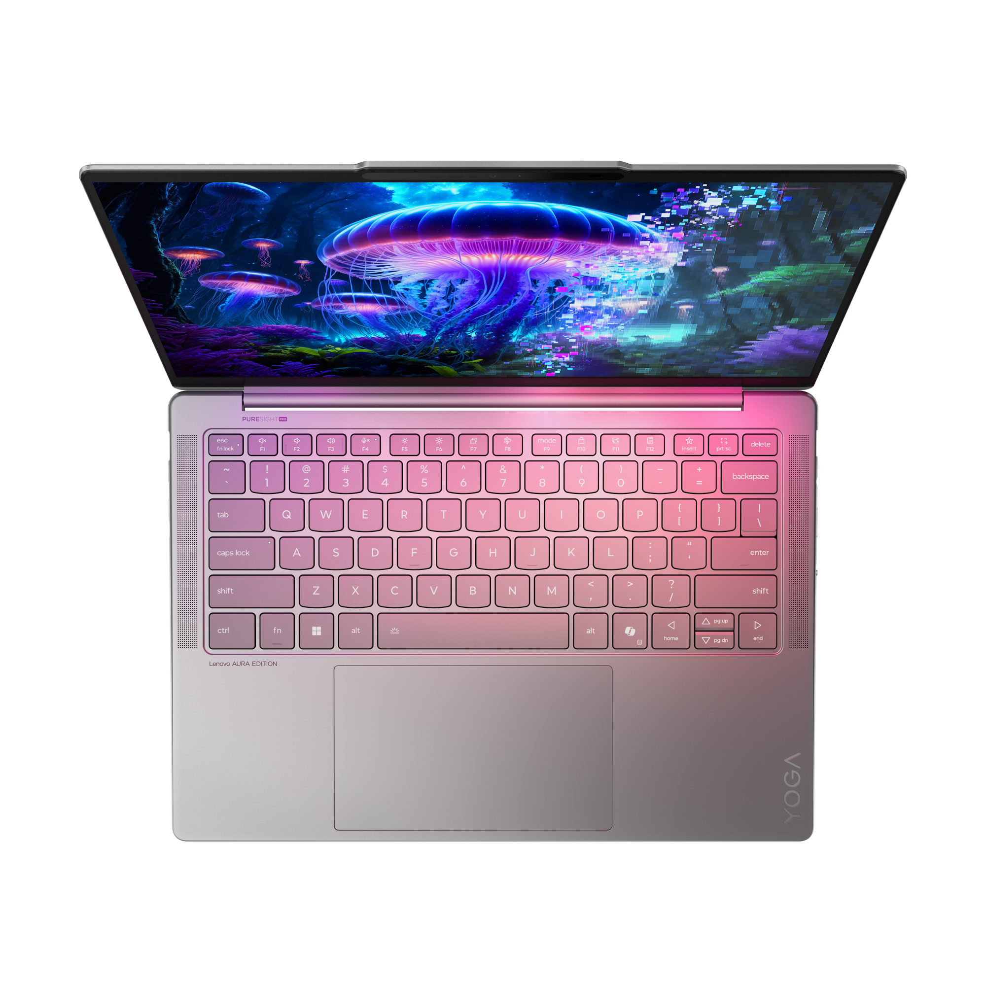 Laptop mit offenem Bildschirm, der eine Quallenszene zeigt. Die Tastatur ist rosa beleuchtet und der Laptop ist silber.