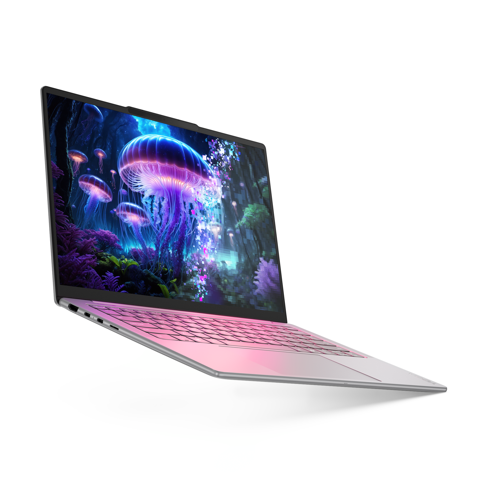 Rosa Laptop, der Quallen in einem Wald zeigt. Der Laptop schwebt. Schwarzer Hintergrund.