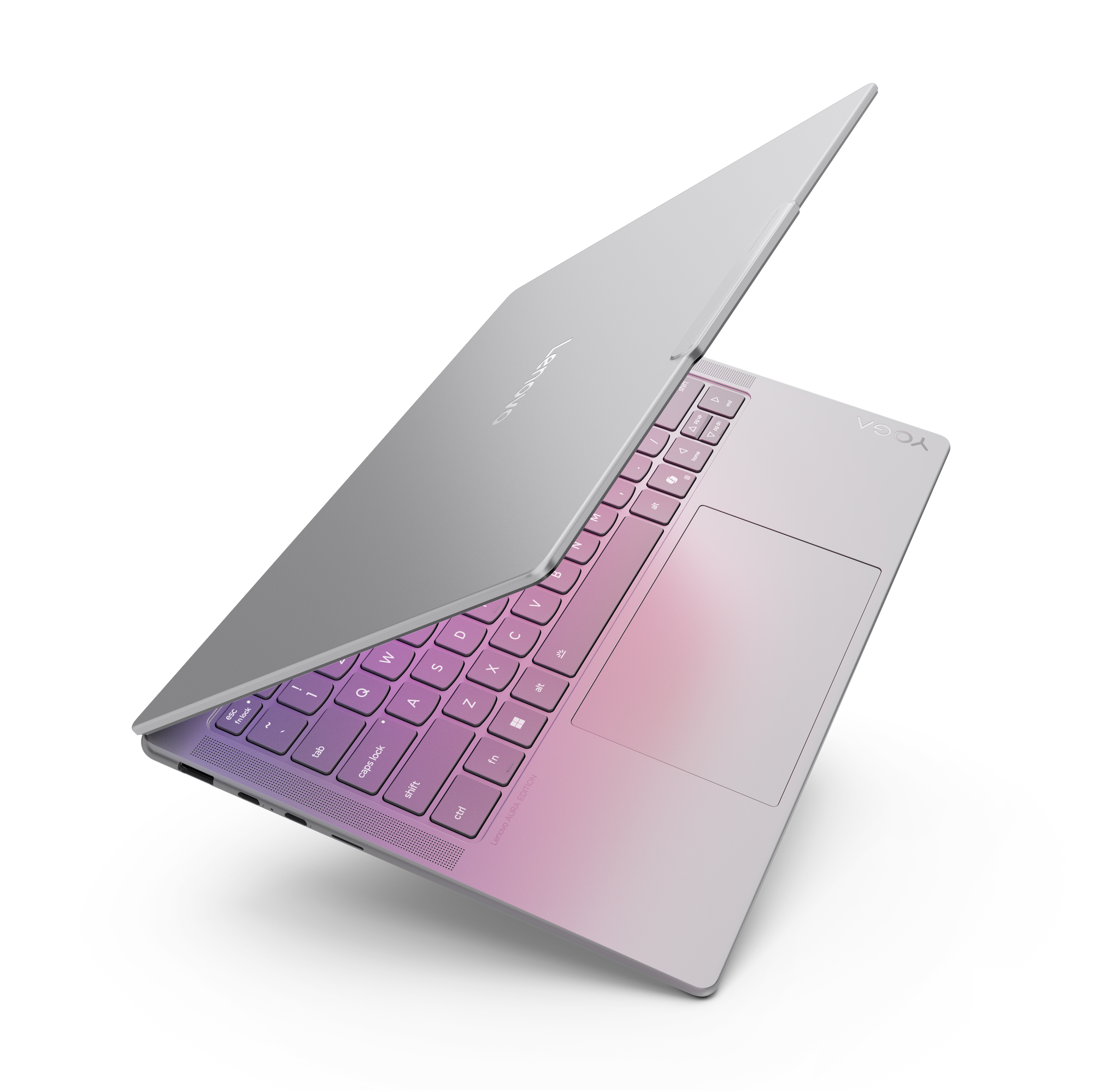 Silberner Laptop mit Tastatur im pink-lila Farbverlauf, geöffnet auf schwarzem Untergrund. Lenovo Yoga.