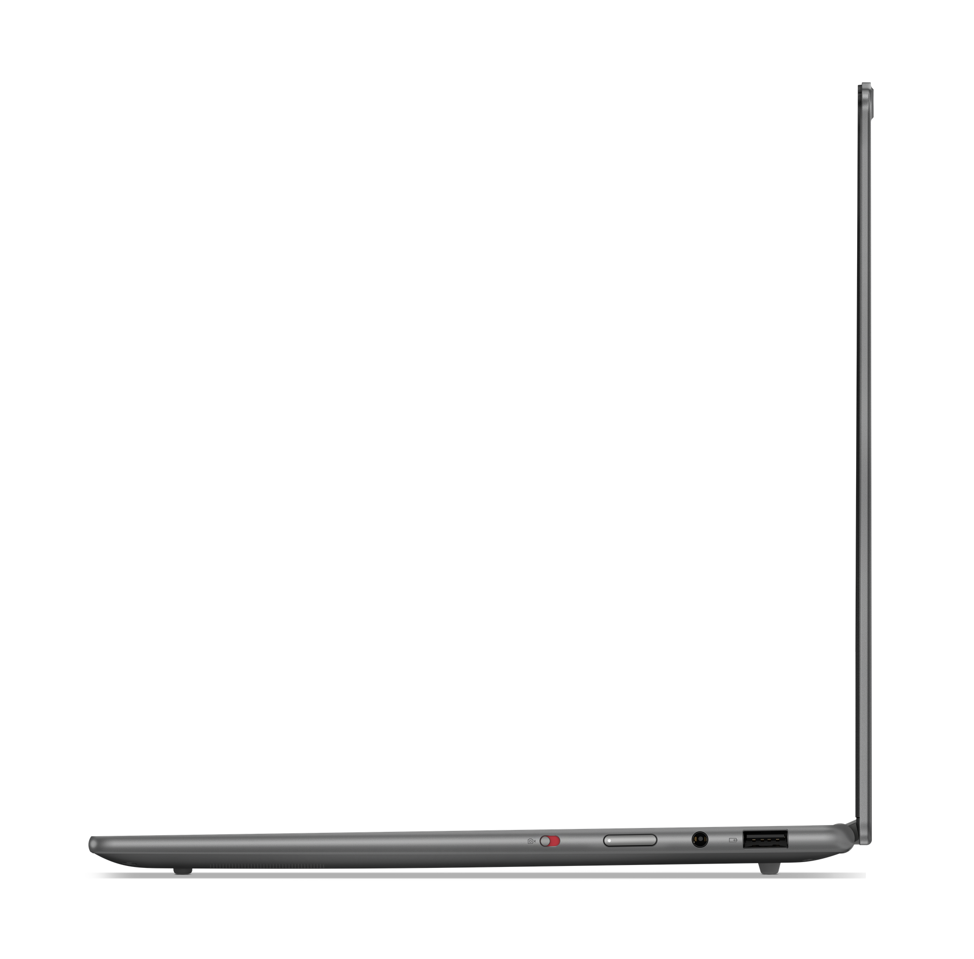 Seitenansicht eines grauen Laptops, geöffnet. Zeigt Anschlüsse, Ein-/Aus-Taste und einen dünnen Bildschirmrahmen.