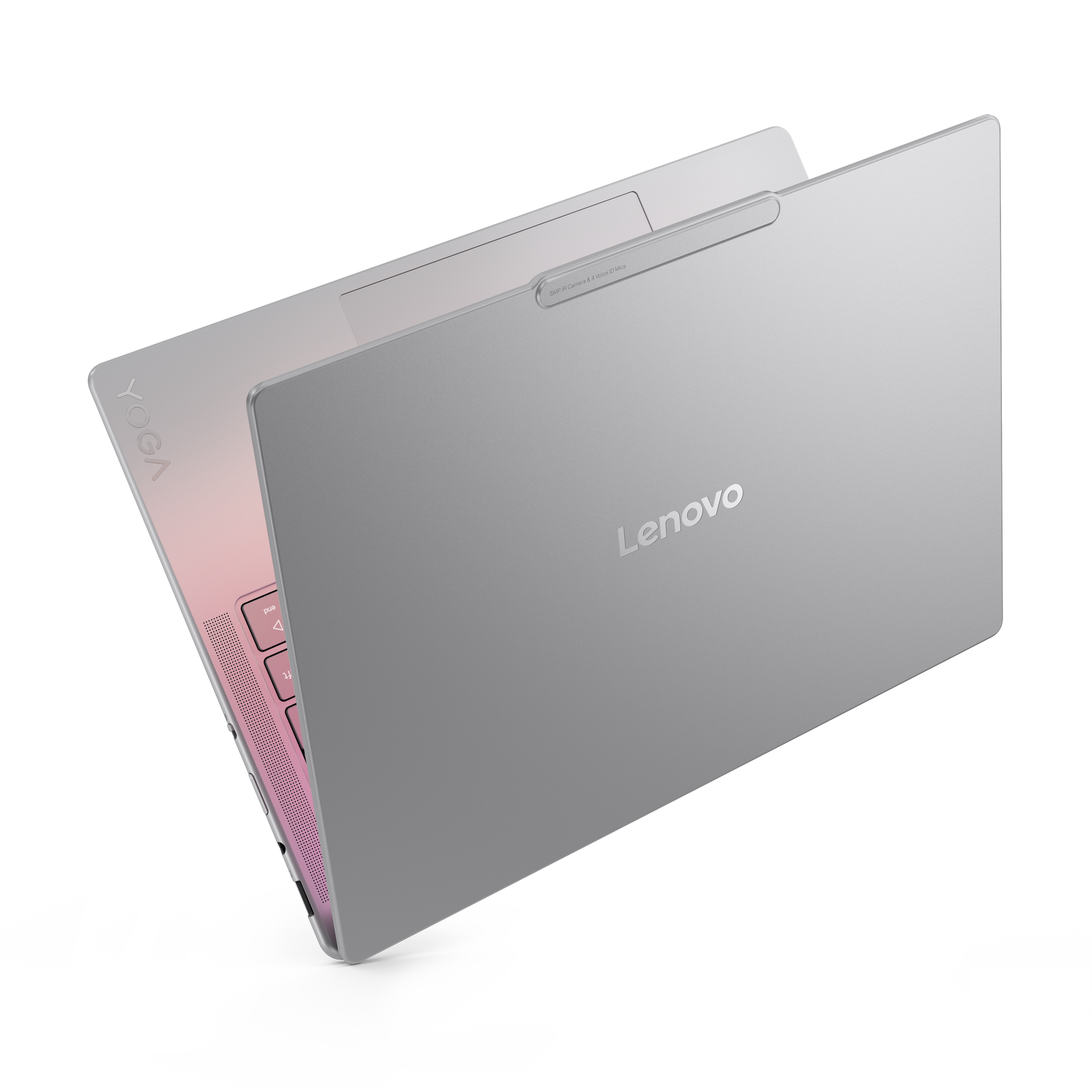 Silberner Lenovo Yoga Laptop, geöffnet. Tastatur und Bildschirm mit rosa Akzenten sichtbar. Schwarzer Hintergrund.