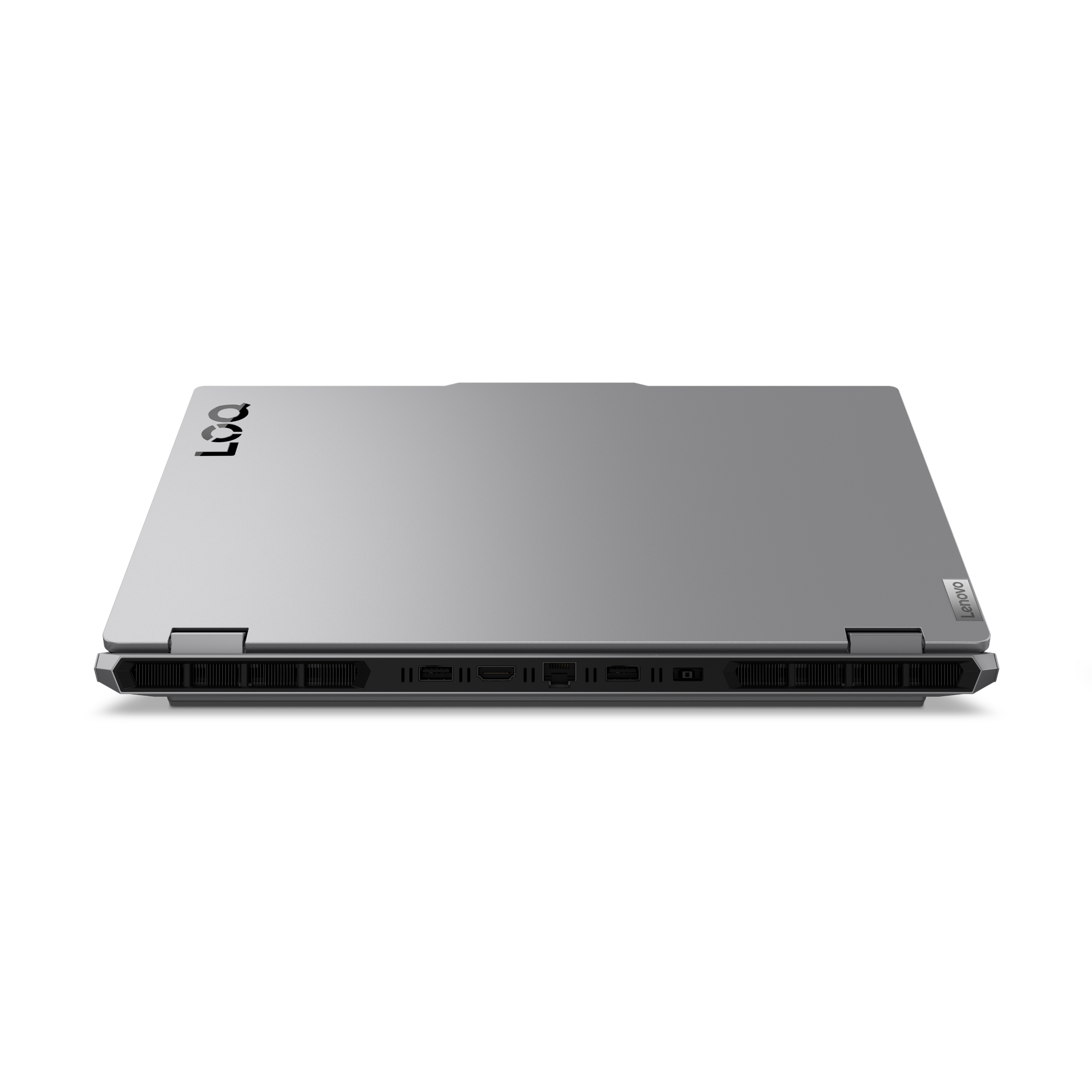 Ein grauer Lenovo Legion Laptop, geschlossen und von der Scharnierseite aus betrachtet, mit Legion-Logo. Schwarzer Hintergrund.