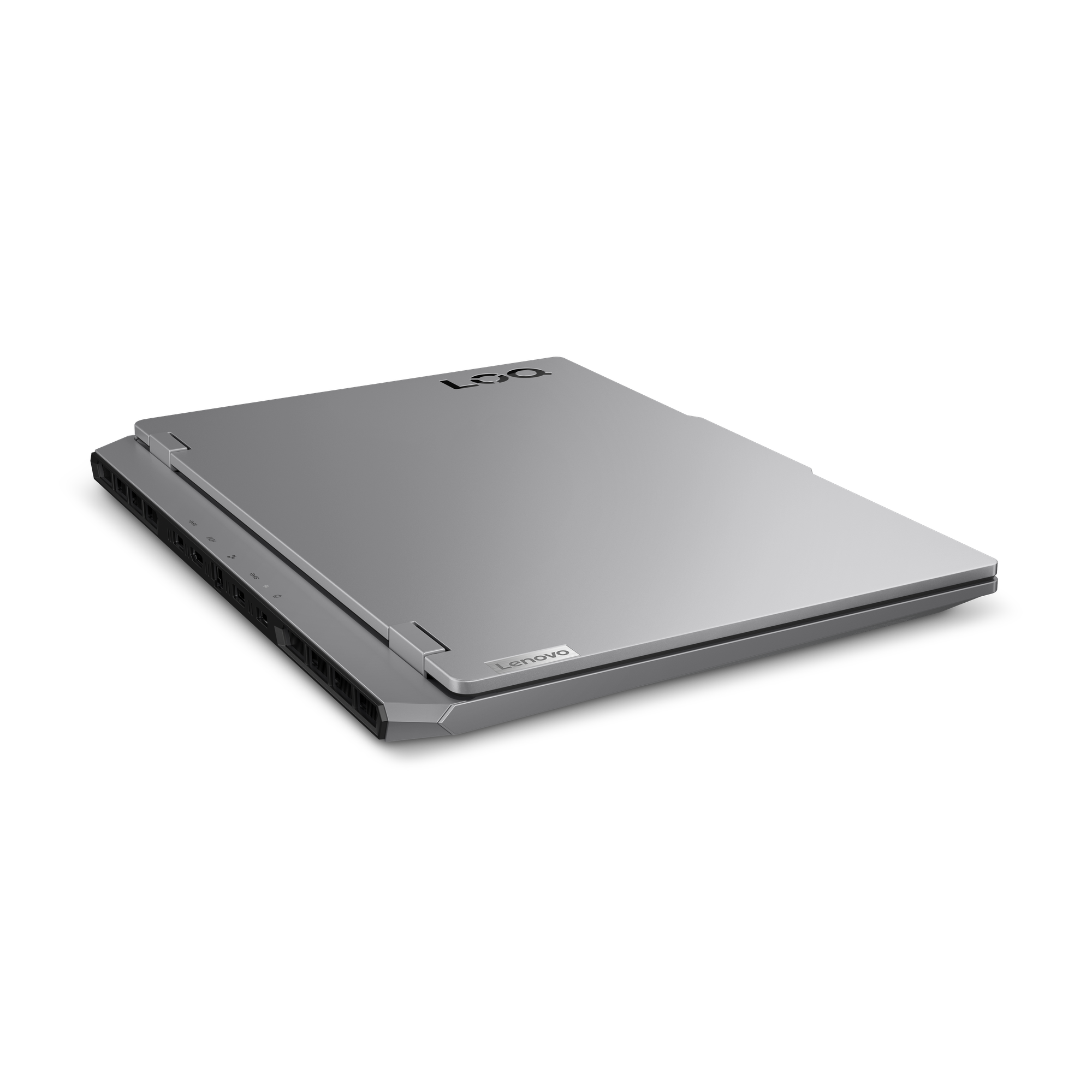 Silberner Lenovo-Laptop auf schwarzem Untergrund. Logo und Lenovo-Text sind sichtbar. Der Laptop ist leicht geöffnet.