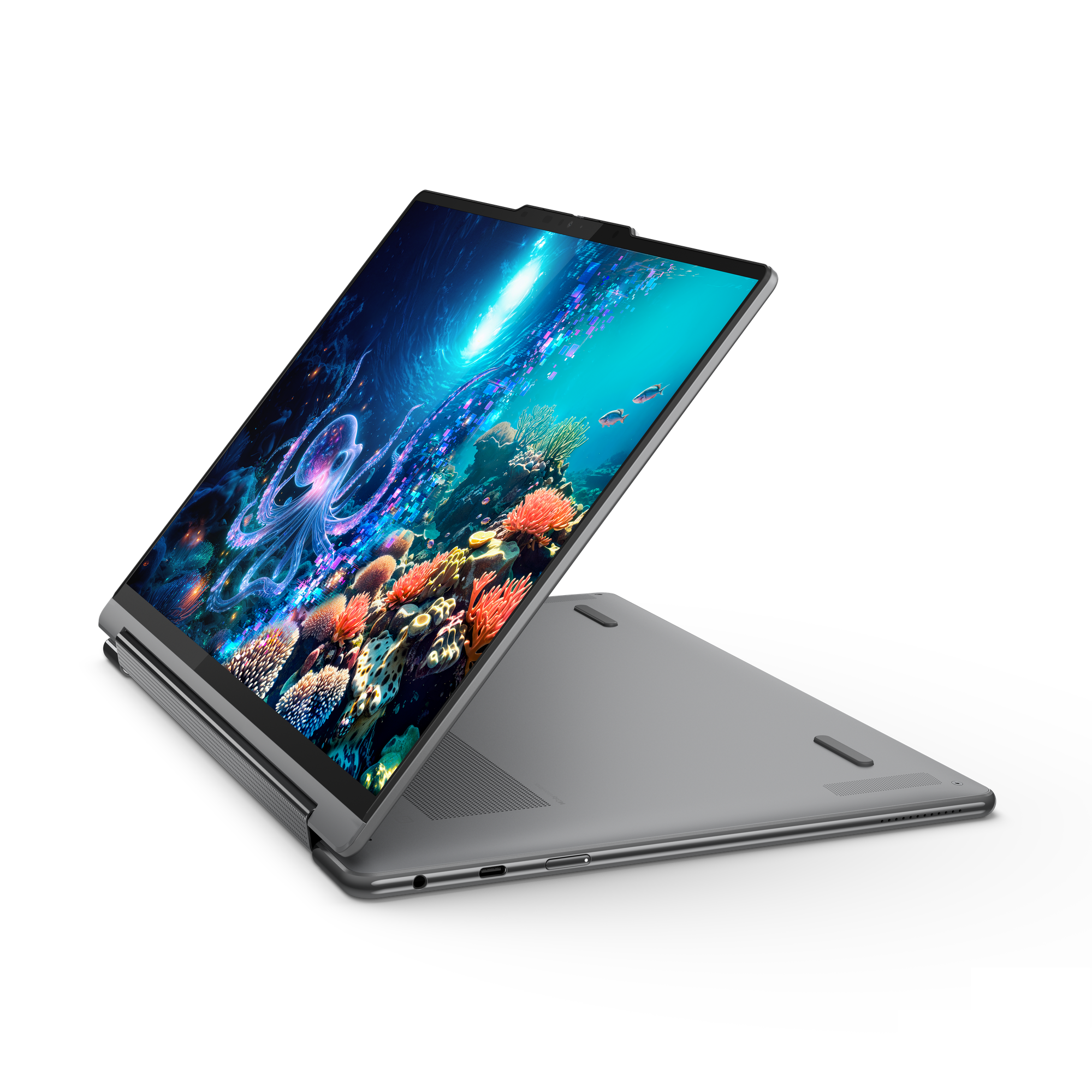 Geöffneter Laptop zeigt eine Unterwasserszene mit Oktopus, Korallen und Fischen, vor schwarzem Hintergrund.