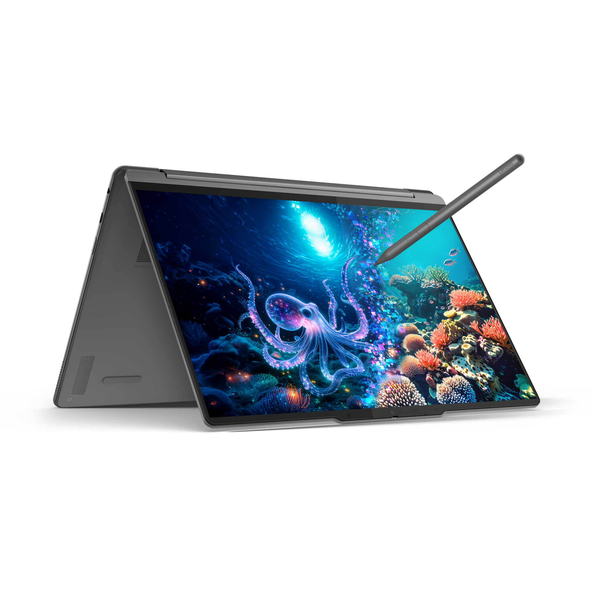 Ein Laptop mit einem Bildschirm, der einen Oktopus unter Wasser zeigt. Ein Stift schwebt über dem Bildschirm.