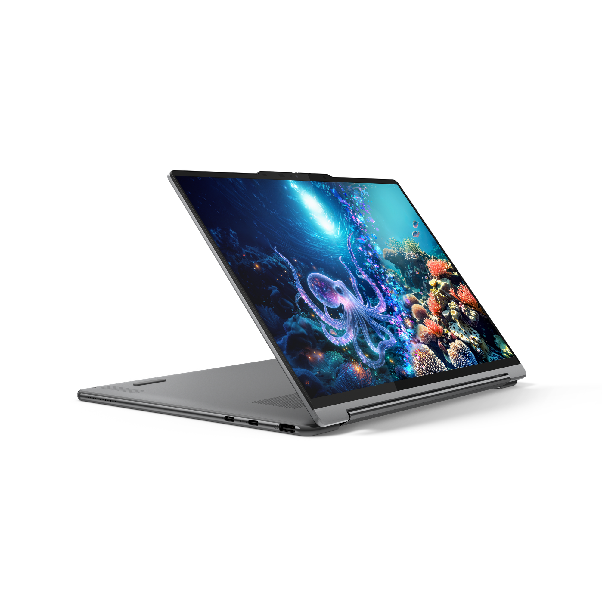 Ein grauer Laptop ist geöffnet, mit einer Unterwasserszene auf dem Bildschirm, die einen Oktopus zeigt.