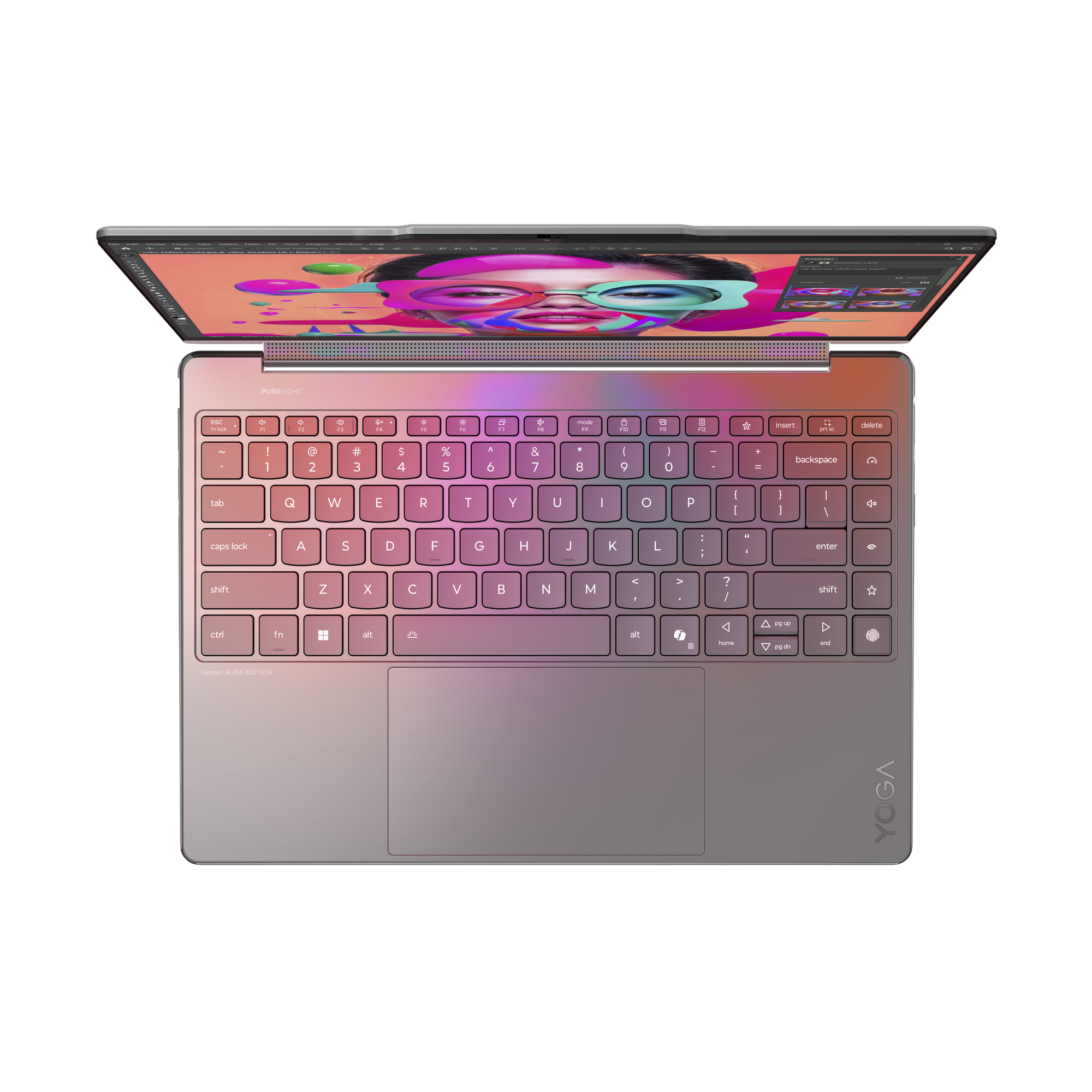 Laptop mit farbenfrohem Bildschirm, rosa Tastatur und Touchpad. Der Bildschirm zeigt eine Grafik, der Laptop ist geöffnet.