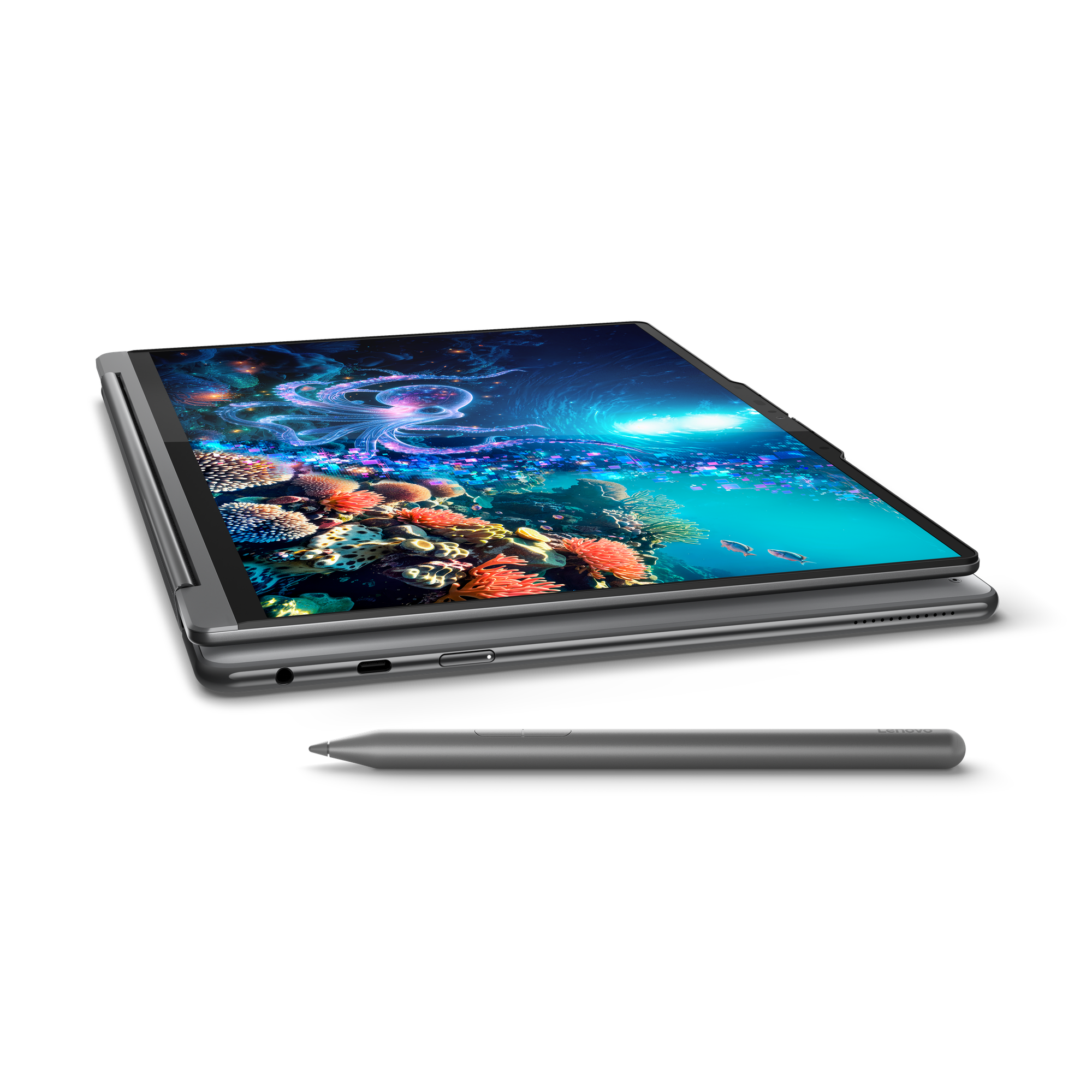 Tablet mit Stift. Der Bildschirm zeigt eine Unterwasserszene mit bunten Korallen und Fischen. Graues Tablet und Stift auf schwarzem Hintergrund.