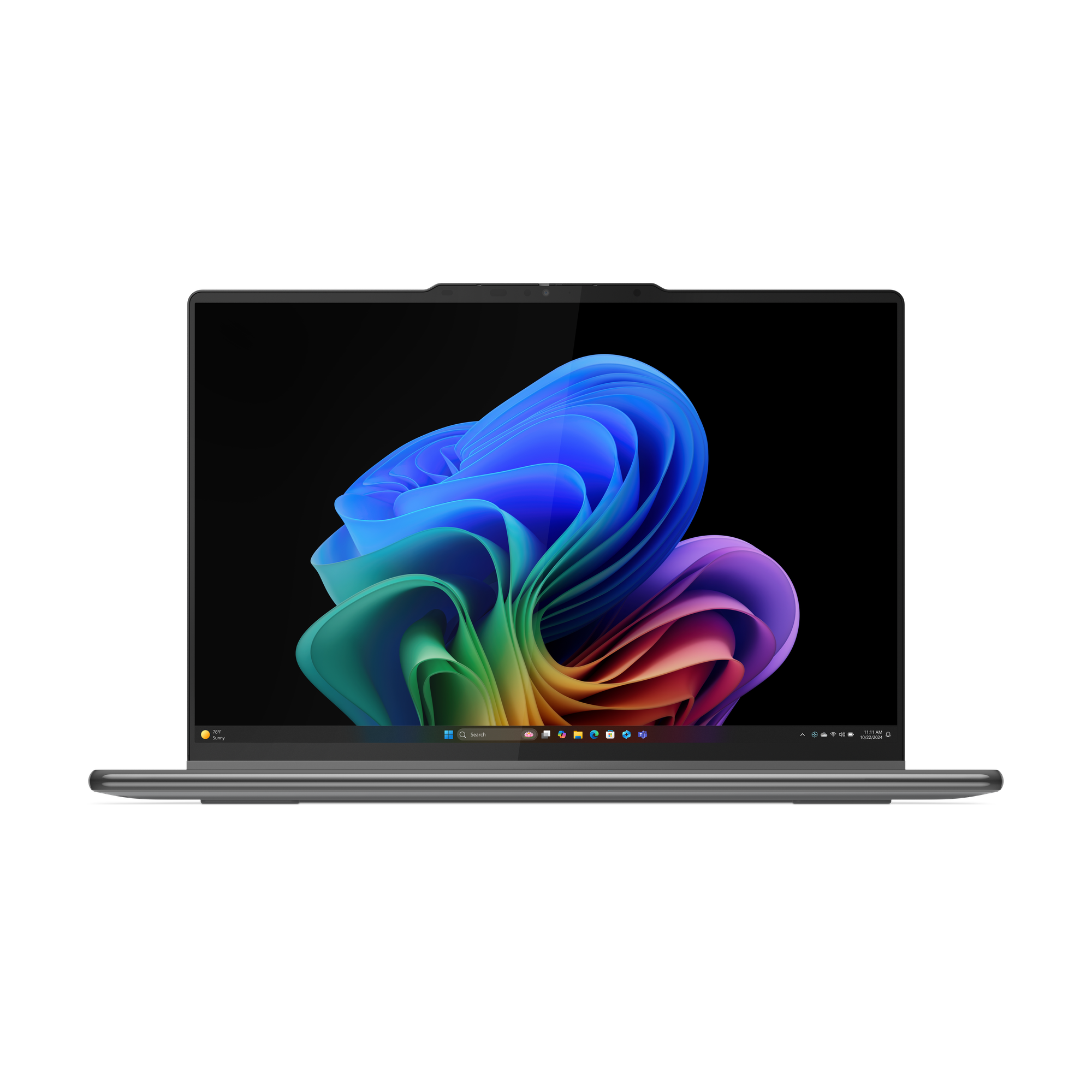 Laptop mit farbenfrohem, abstraktem Bild, schwarzem Hintergrund und grauem Rahmen.