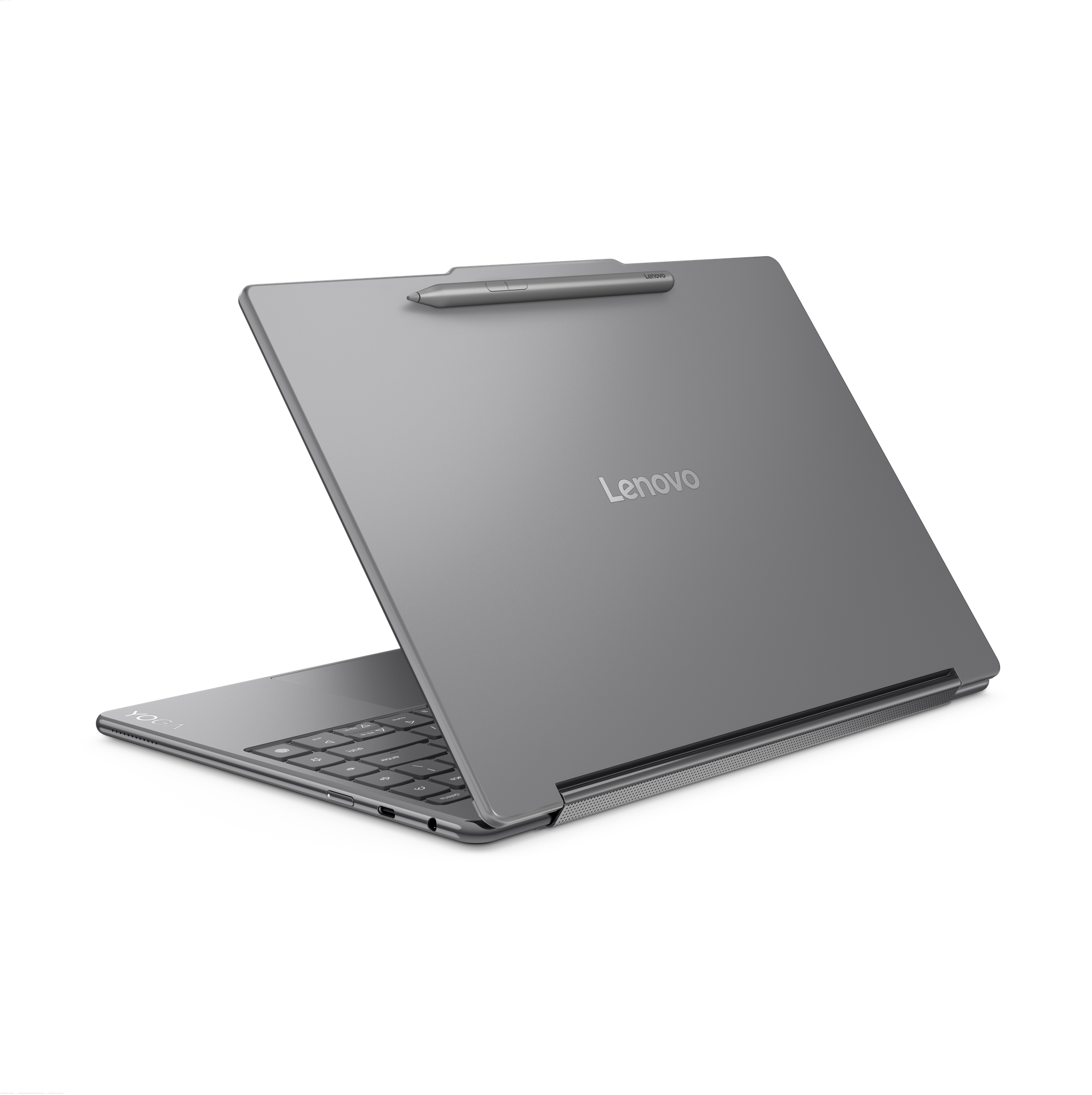 Ein graues Lenovo-Laptop mit Stift. Der Bildschirm ist geöffnet und zeigt eine Tastatur und das Lenovo-Logo.