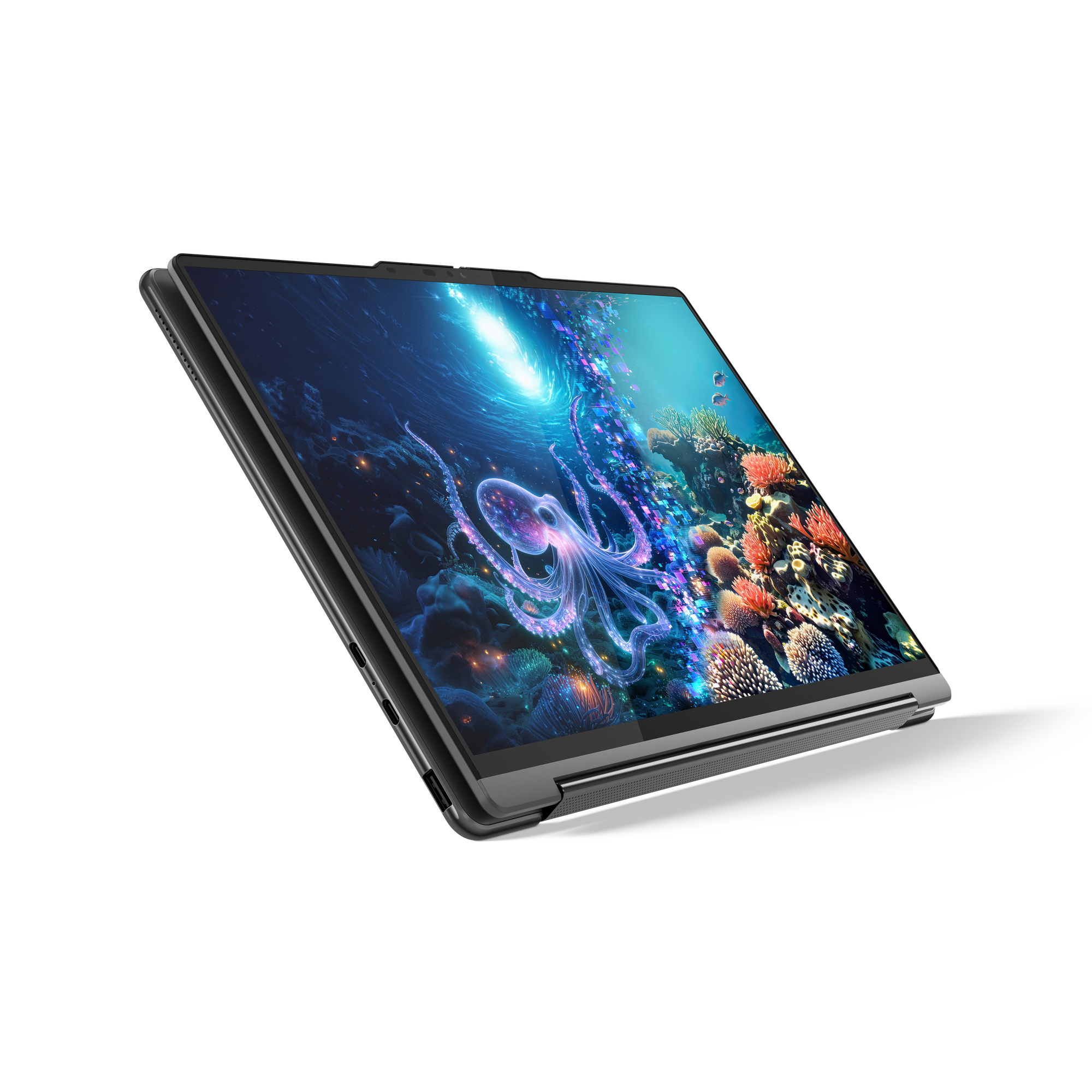 Tablet zeigt eine Unterwasserszene mit einem Oktopus. Farben sind Blau, Lila und Grün. Schwarzer Hintergrund.