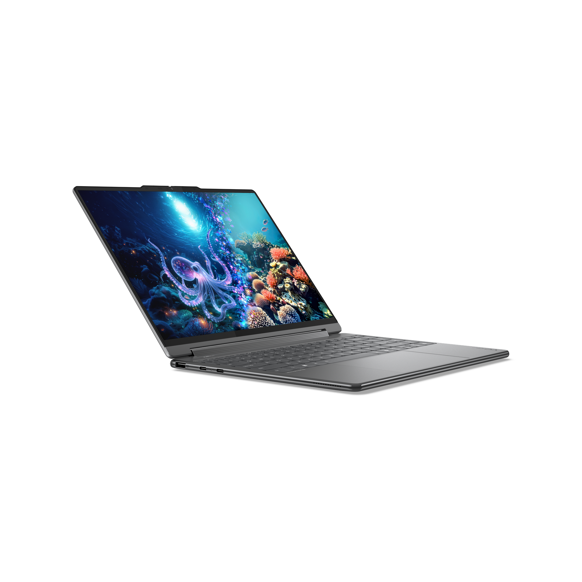 Abgewinkelter Laptop, Bildschirm zeigt Unterwasserszene mit Oktopus und Korallen. Tastatur sichtbar. Schwarzer Hintergrund.