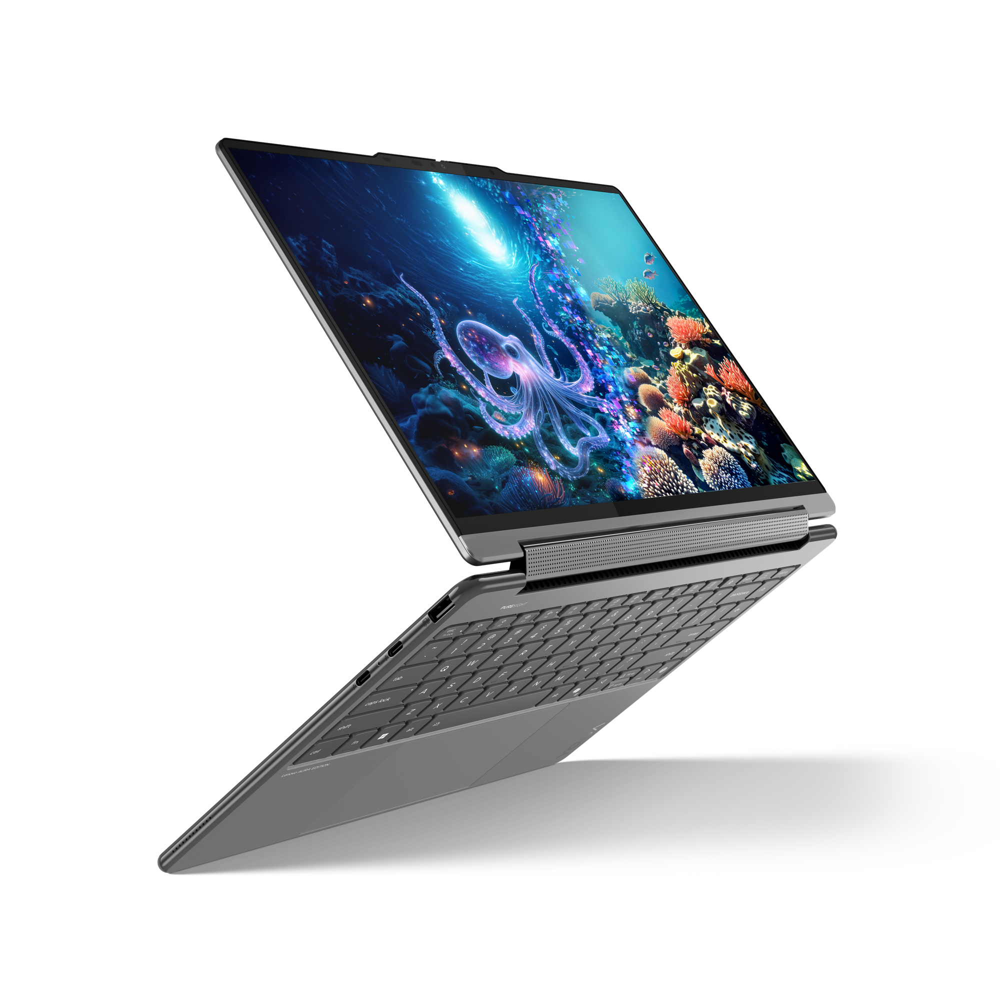 Laptop mit Unterwasserszene auf dem Bildschirm. Ein Oktopus ist sichtbar. Die Tastatur ist grau.