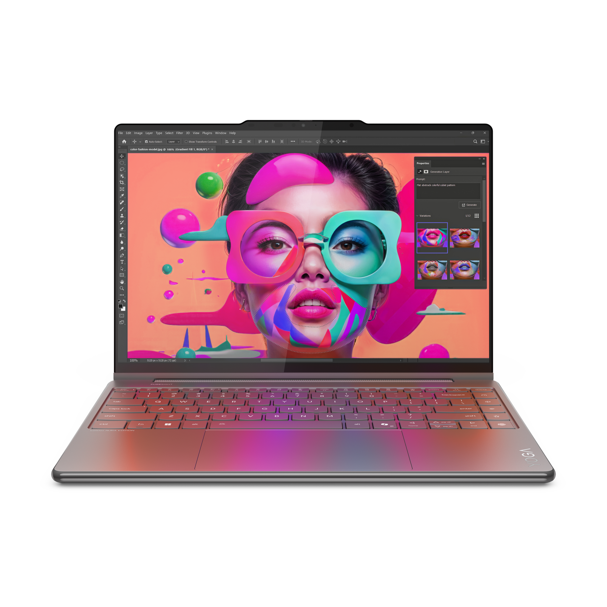 Laptop zeigt Frau mit bunter Brille, die Bearbeitungssoftware nutzt. Tastatur mit Farbverlauf.