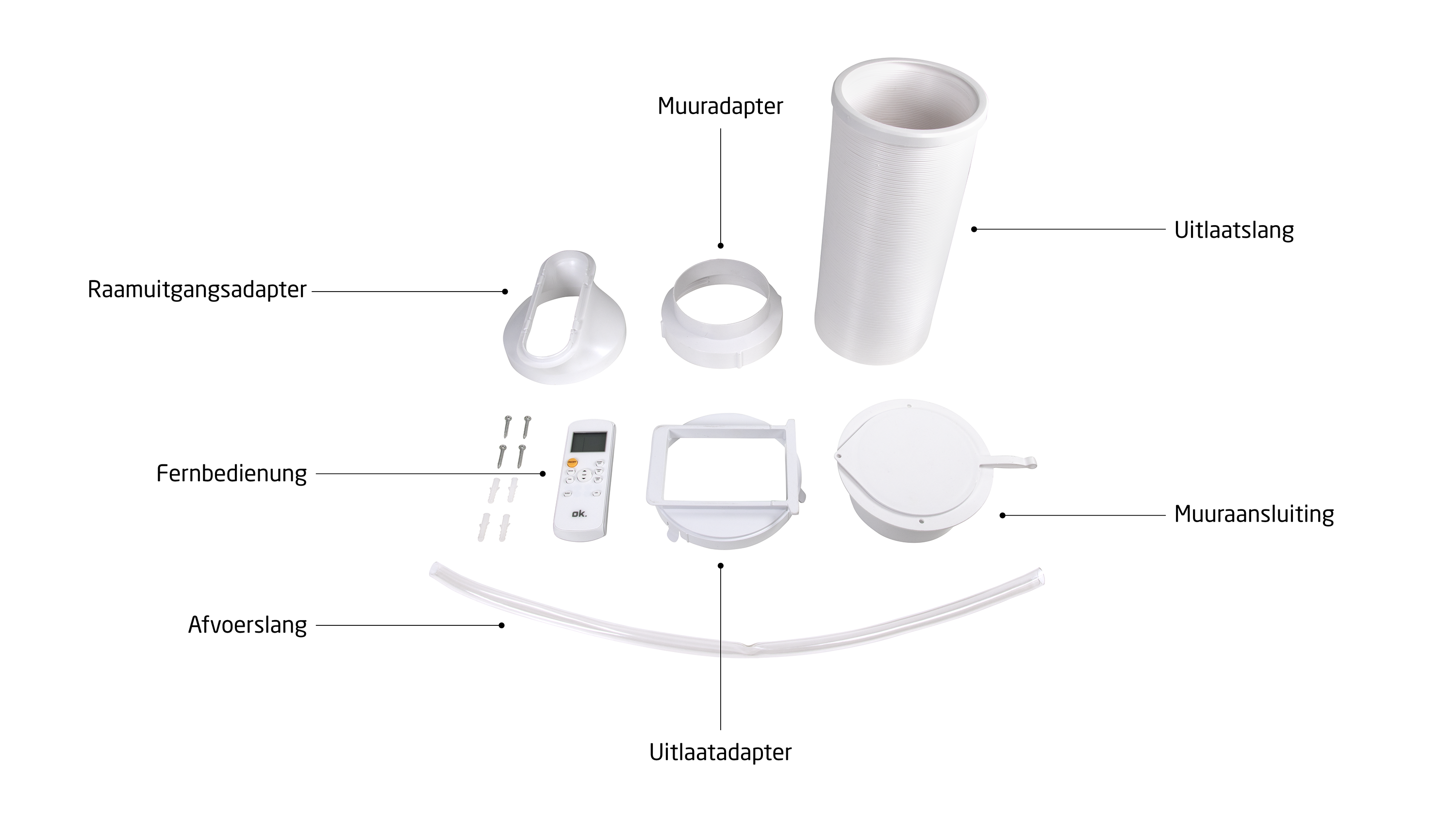 White air conditioner parts: window adapter, hose, remote, wall connector, and more, all on a white background.