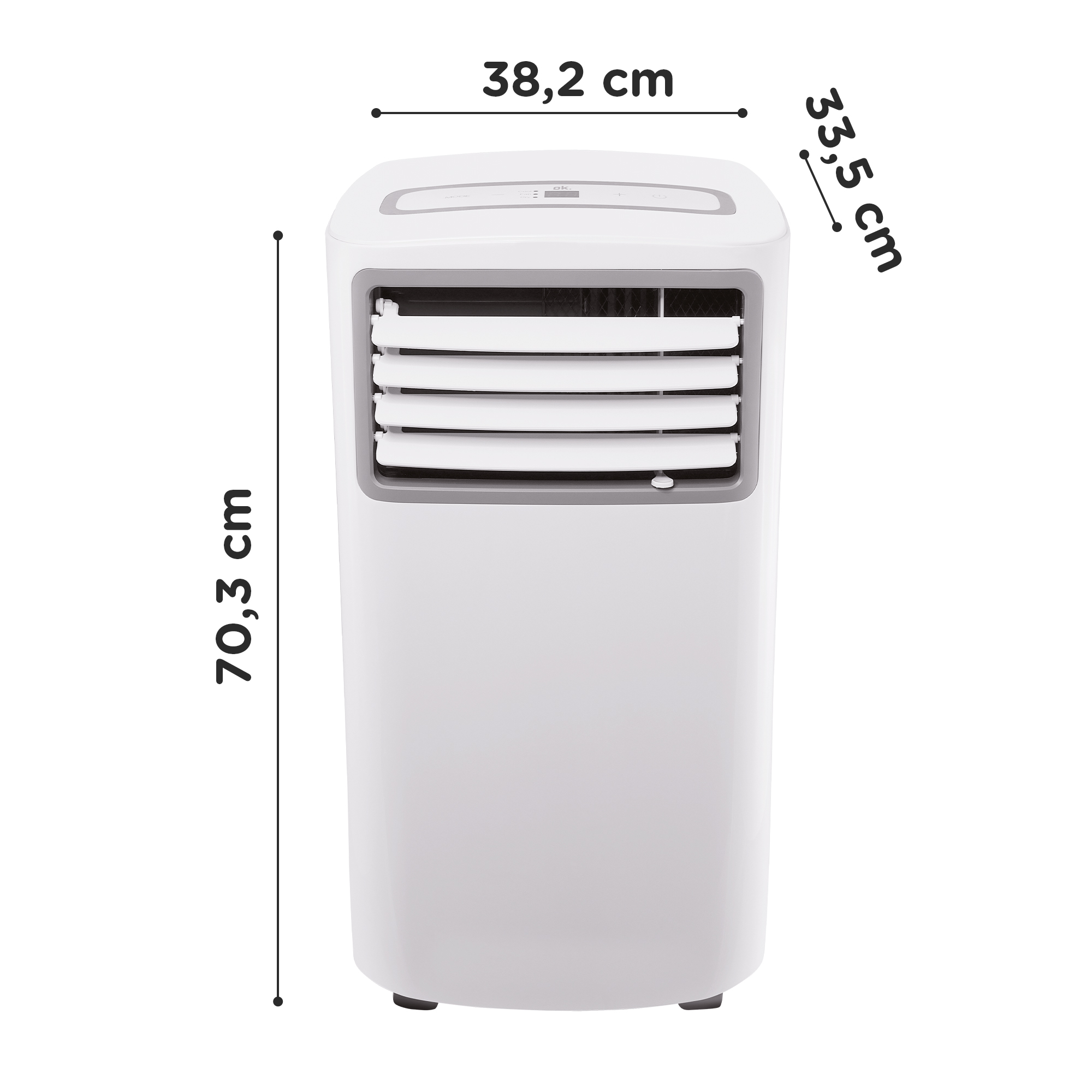 Biały przenośny klimatyzator z wymiarami. 70,3 cm wysokości, 38,2 cm szerokości i 35,5 cm głębokości.