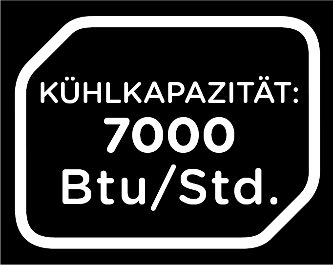 Biały tekst na czarnym tle, czytamy 'KÜHLKAPAZITÄT: 7000 Btu/Std.' w białej, zaokrąglonej ramce.