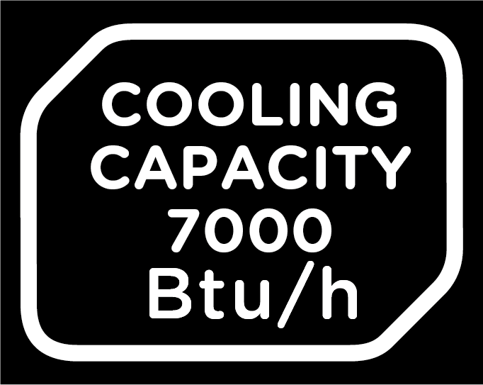 Biały tekst na czarnym tle: WYDAJNOŚĆ CHŁODZENIA 7000 Btu/h, w zaokrąglonym prostokącie.