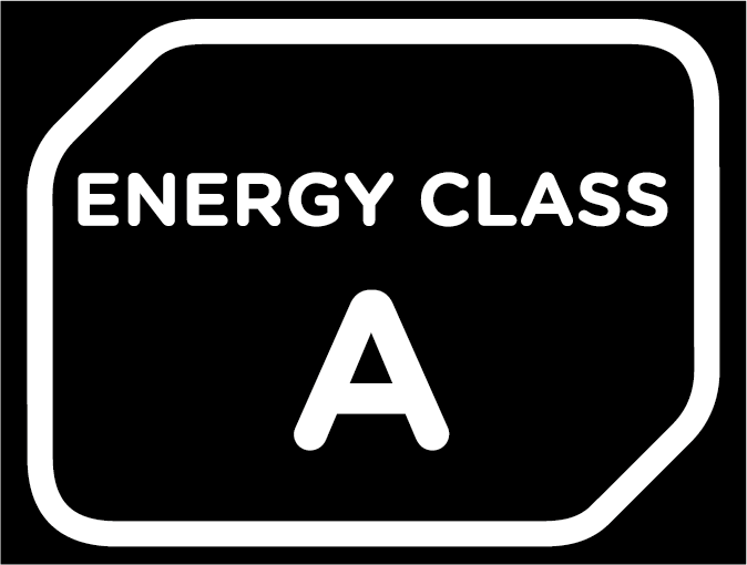 Etykieta klasy energetycznej A. Biały tekst na czarnym tle. Zaokrąglona biała obwódka. Tekst brzmi 'ENERGY CLASS A'.