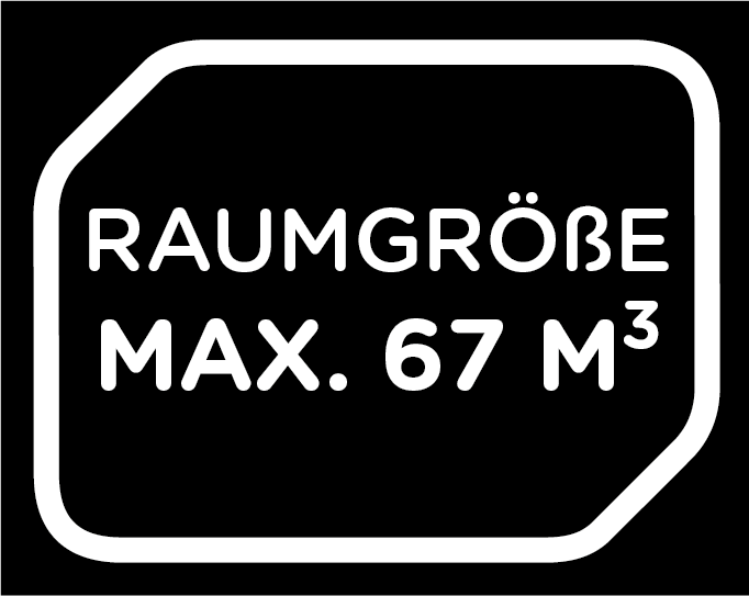 Biały tekst na czarnym tle, czytamy: RAUMGRÖßE MAX. 67 M³. Tekst znajduje się wewnątrz białej, zaokrąglonej ramki.