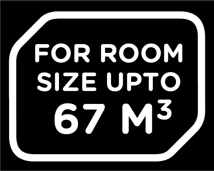 Biały tekst na czarnym tle, czytamy 'FOR ROOM SIZE UPTO 67 M3' w zaokrąglonym prostokącie.