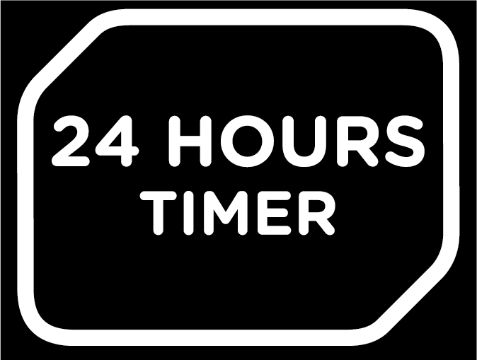 Biały tekst na czarnym tle: '24 HOURS TIMER' w zaokrąglonym prostokącie.