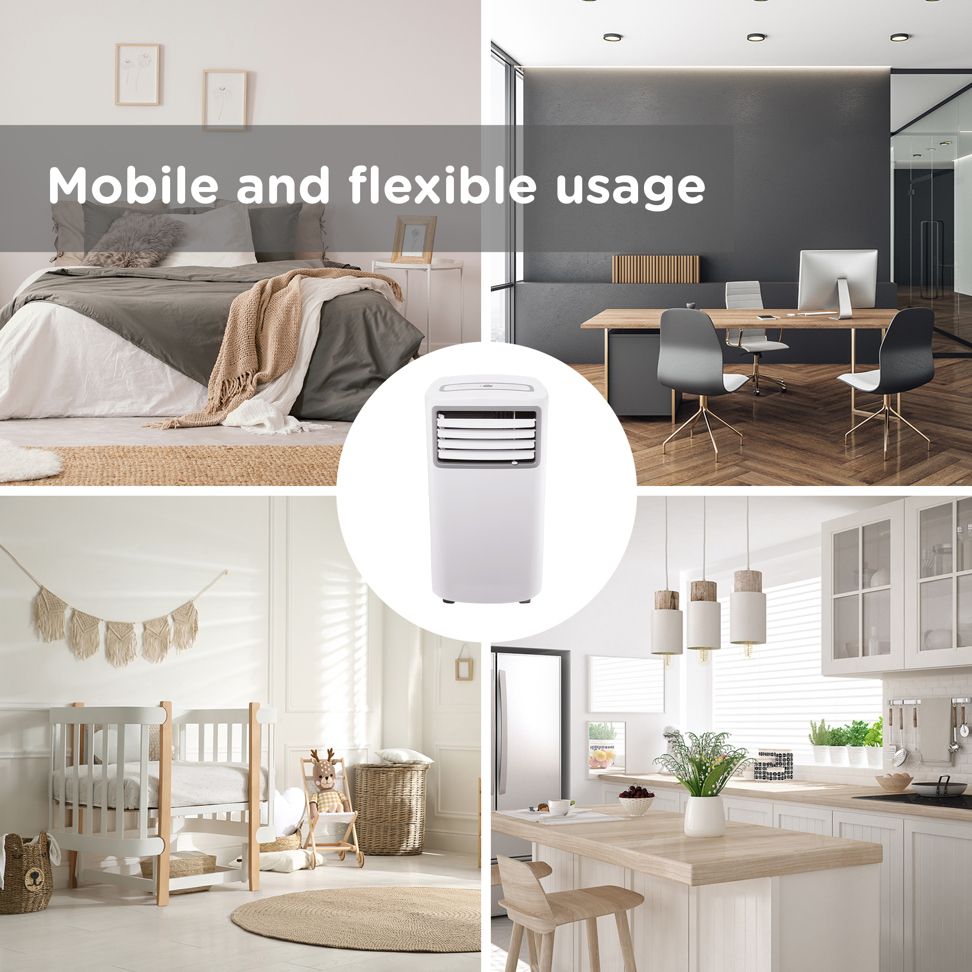 Image shows an air conditioner in different rooms: bedroom, office, nursery, and kitchen, highlighting its versatile use.