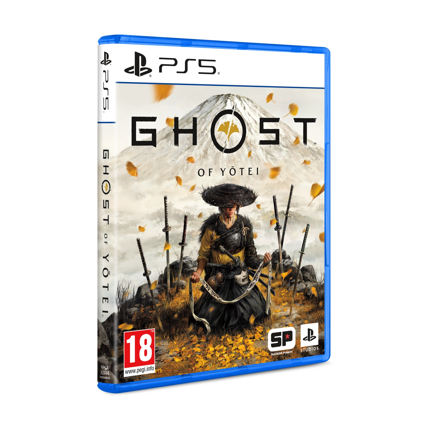 Copertina del gioco 'Ghost of Tsushima'. Un samurai in piedi, circondato da spade, con uno sfondo montuoso e foglie che cadono.