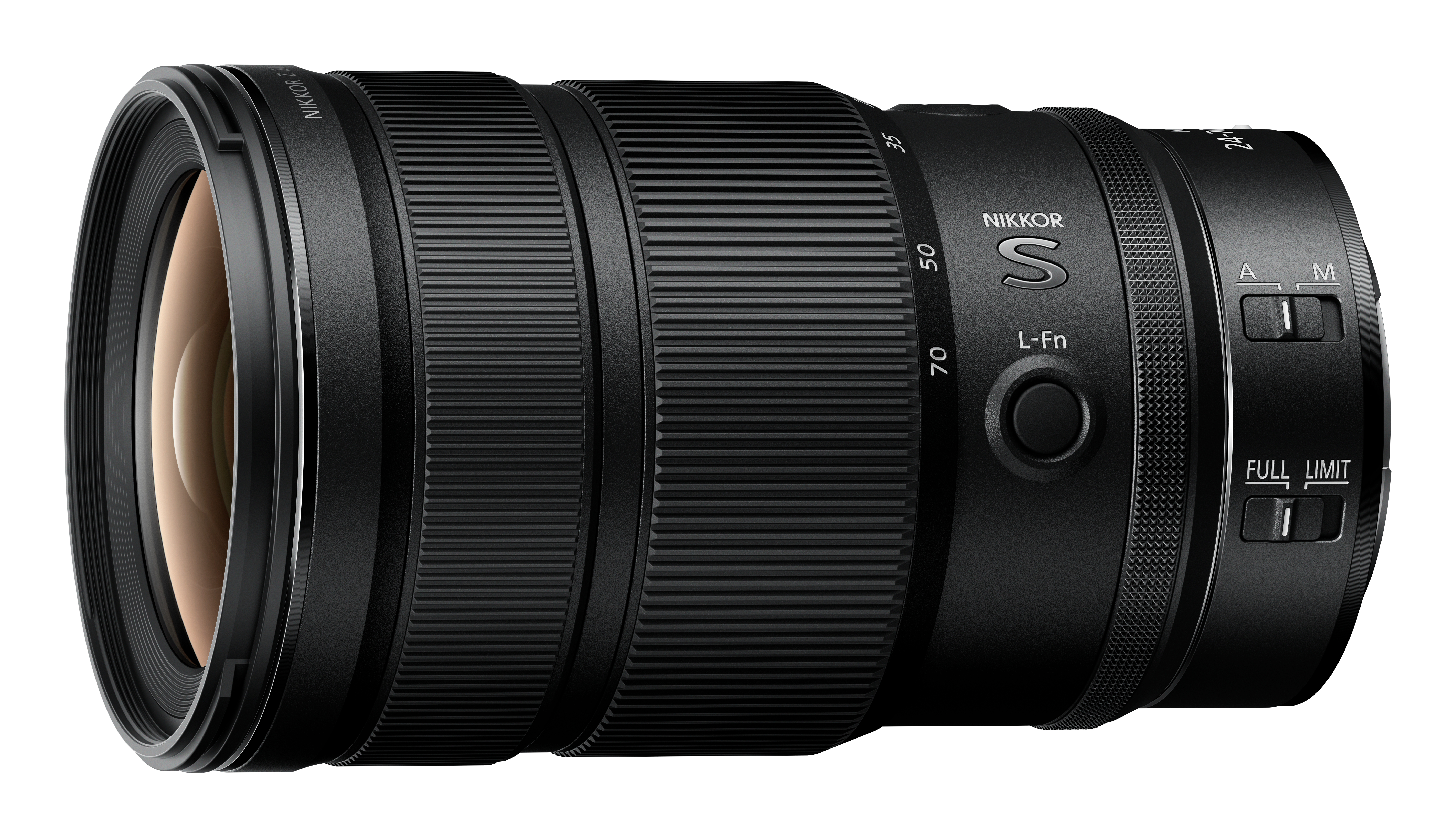 Ein schwarzes Nikon-Objektiv. Es hat Ringe, Zahlen und Schalter. Das Objektiv befindet sich auf weißem Hintergrund.
