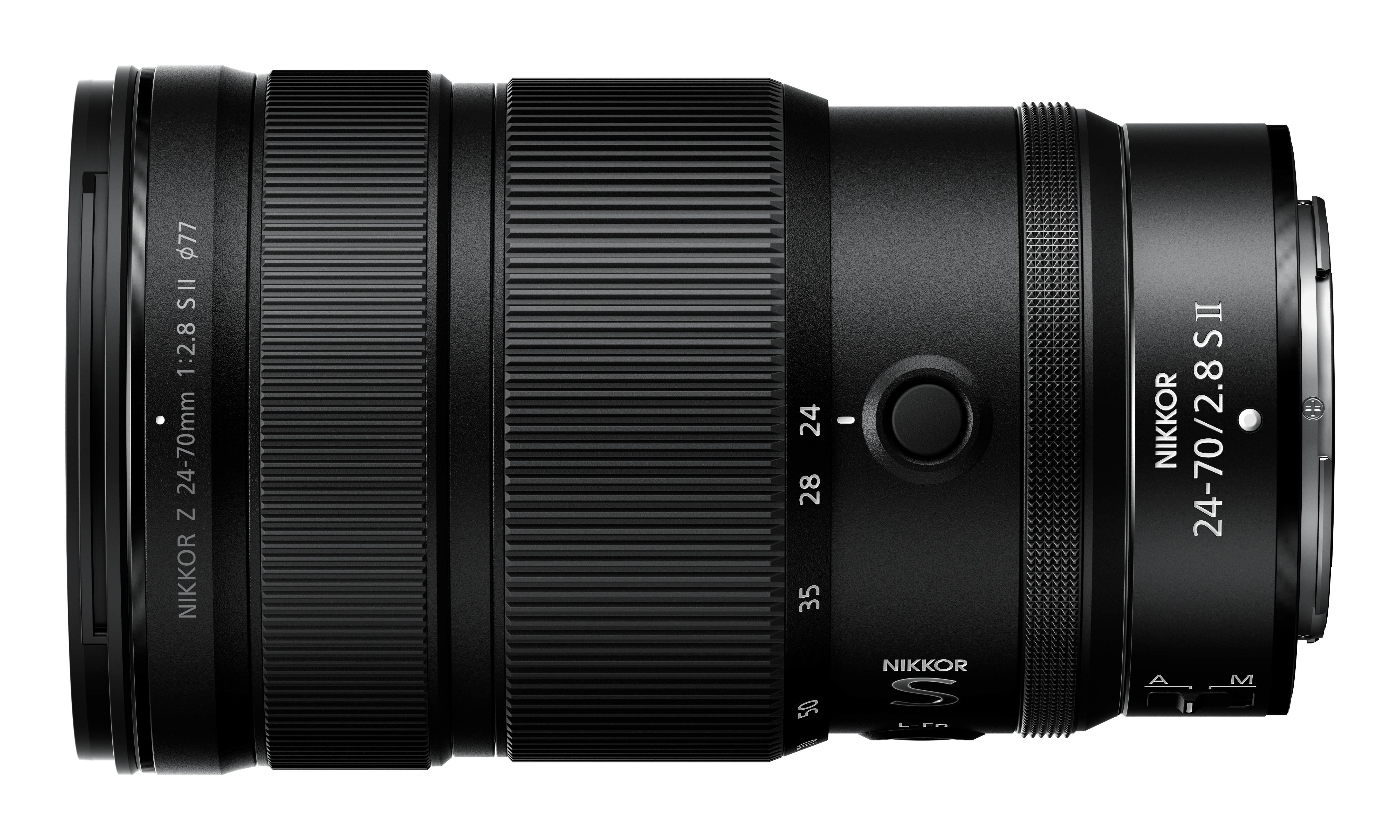 Ein schwarzes Nikon Z 24-70mm 1:2.8 S II Objektiv wird gezeigt. Das Objektiv hat gerippte Abschnitte, Markierungen und einen Fokusring.