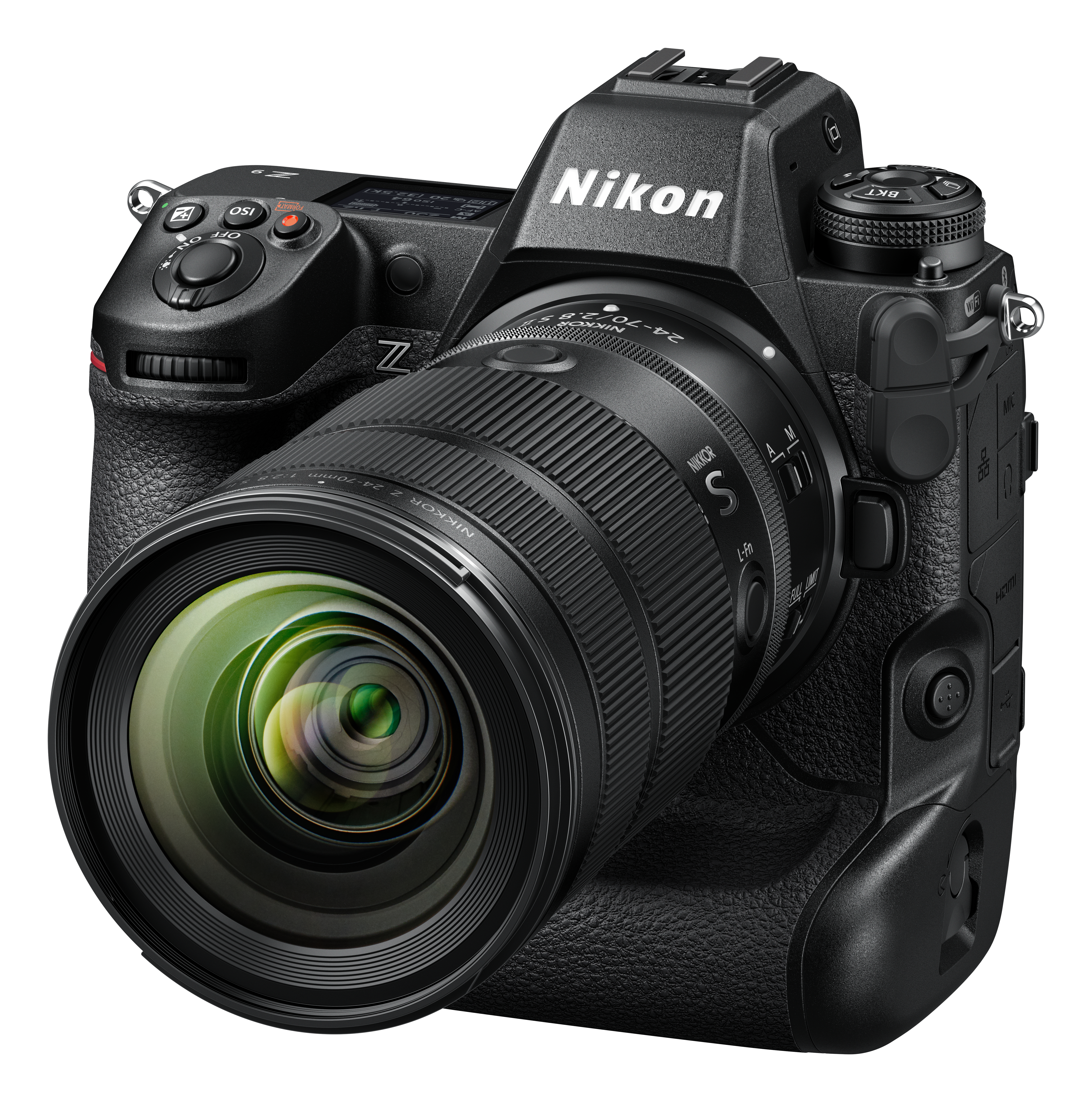 Eine schwarze Nikon Z-Serie-Kamera mit Objektiv. Das Objektiv hat eine grüne Reflexion. Die Kamera befindet sich auf weißem Hintergrund.