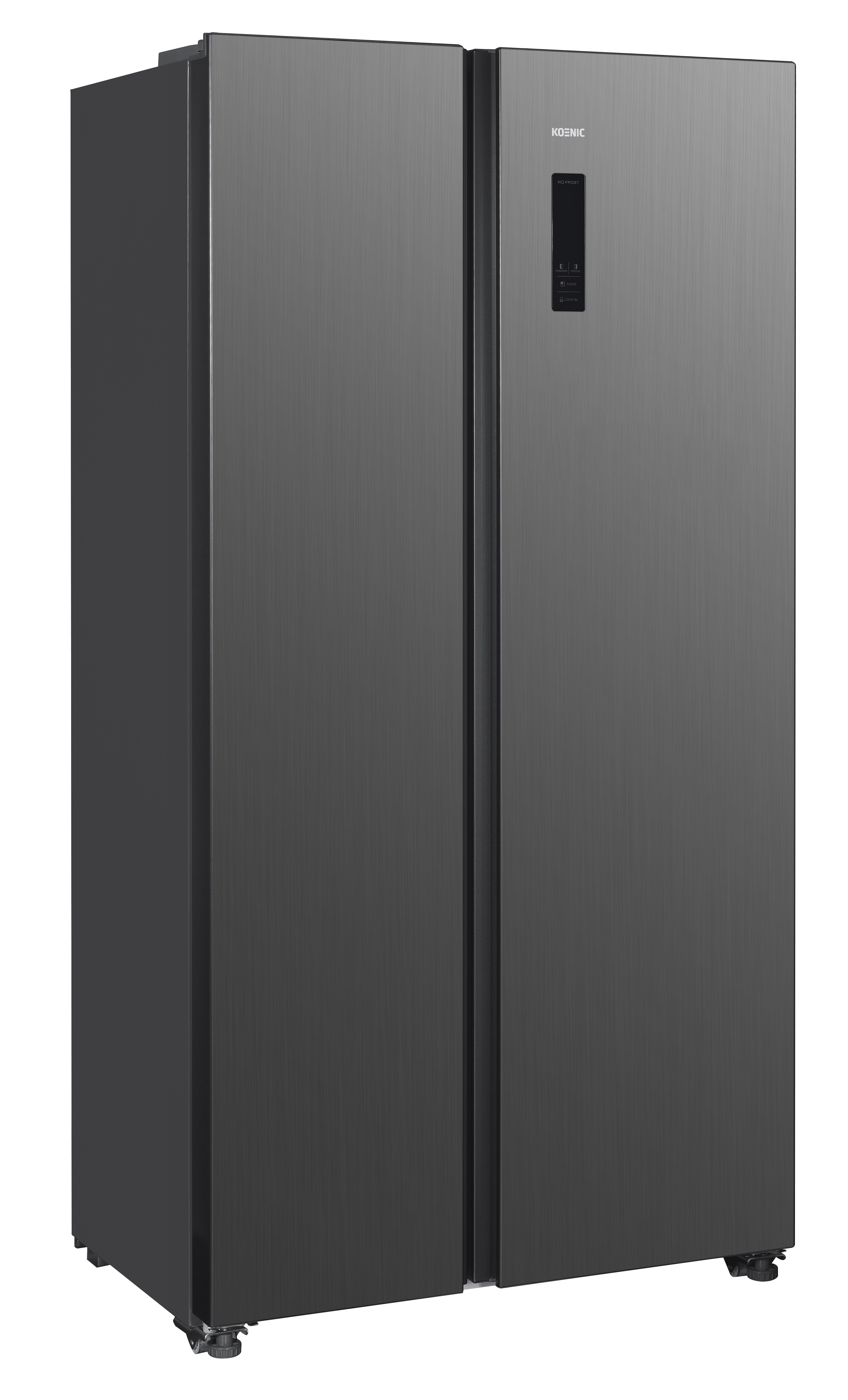 Ciemnoszara lodówka Koenic side-by-side. Ma dwoje drzwi z wyświetlaczem cyfrowym. Powierzchnia ma pionowe linie.