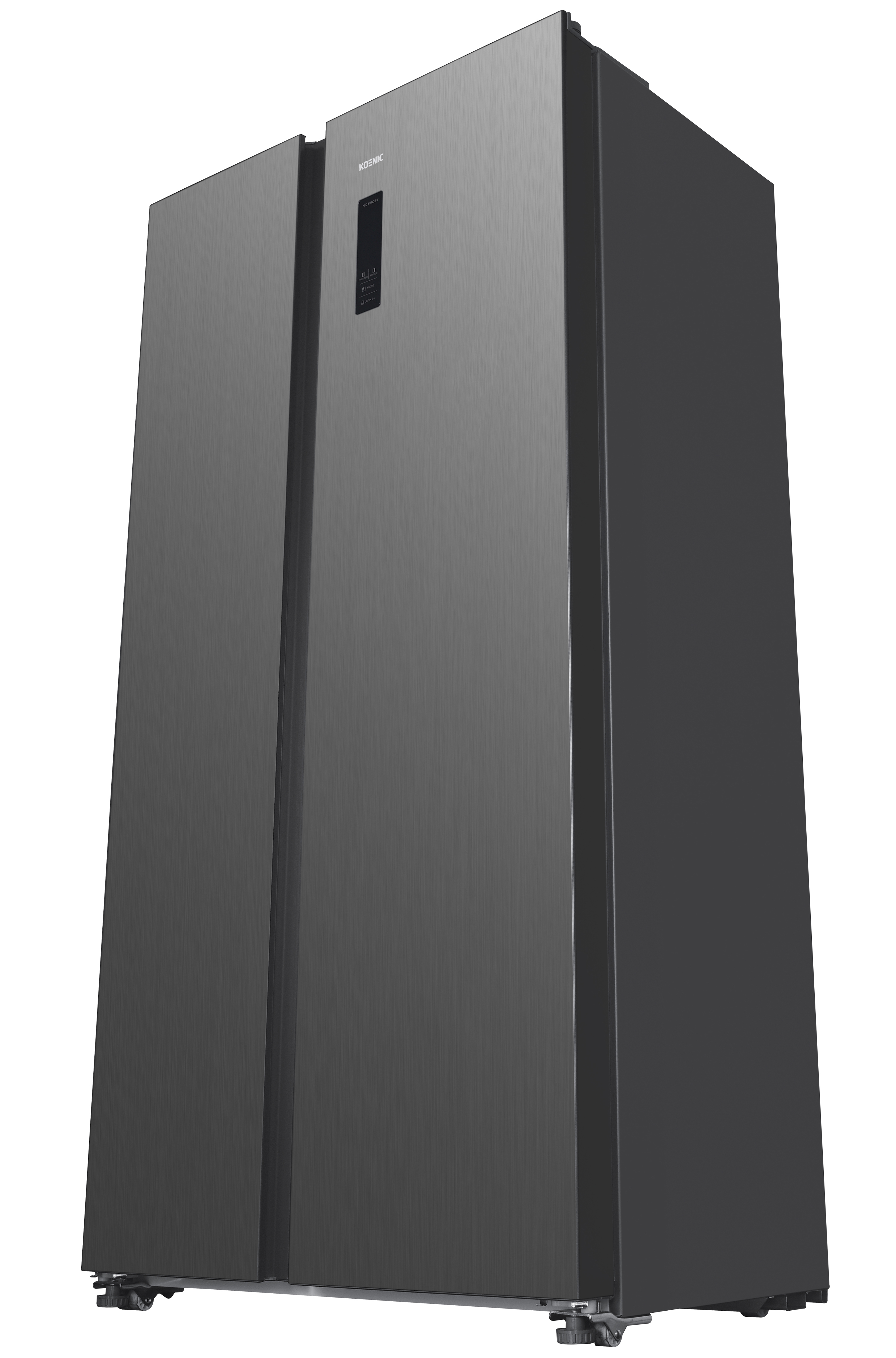 Ciemnoszara lodówka Koenic. Jest to model side-by-side z cyfrowym wyświetlaczem i kółkami u podstawy.