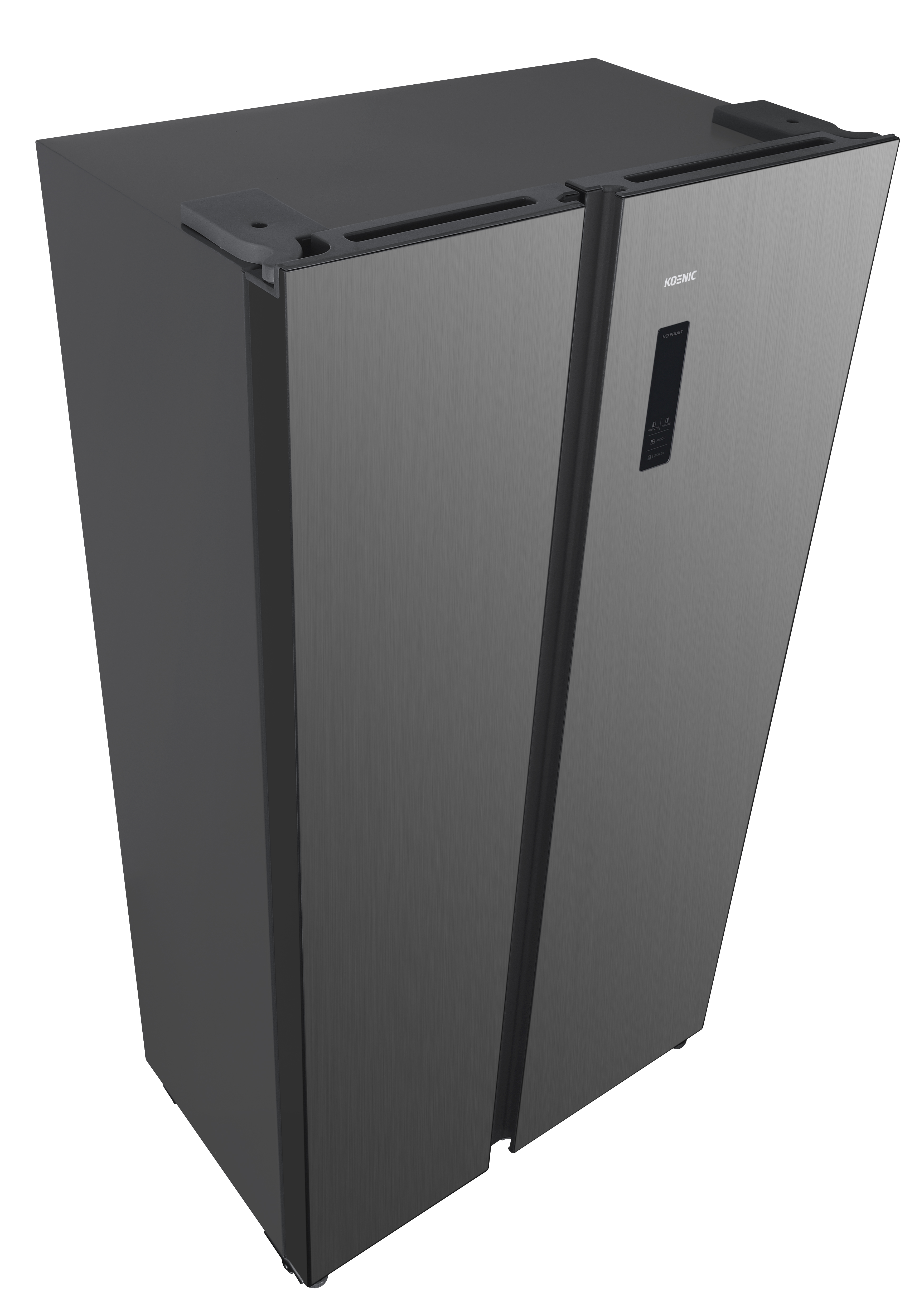 Ciemnoszara lodówka z dwiema drzwiami. Ma szczotkowane metalowe wykończenie i panel sterowania.