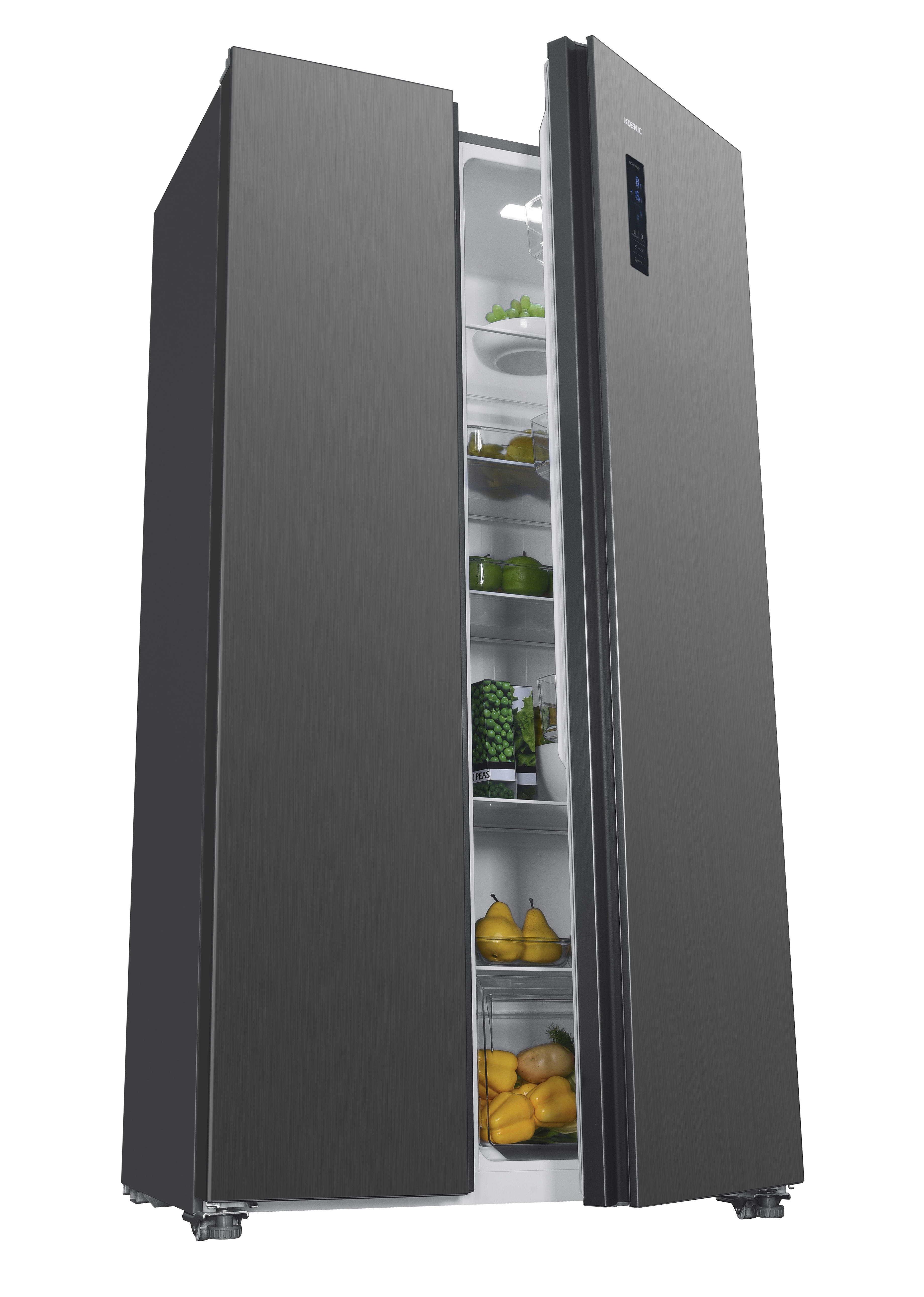 Ciemnoszara lodówka Koenic, jedne drzwi otwarte, odsłaniające półki z żywnością. Widoczne żółte papryki, gruszki i zielony groszek.