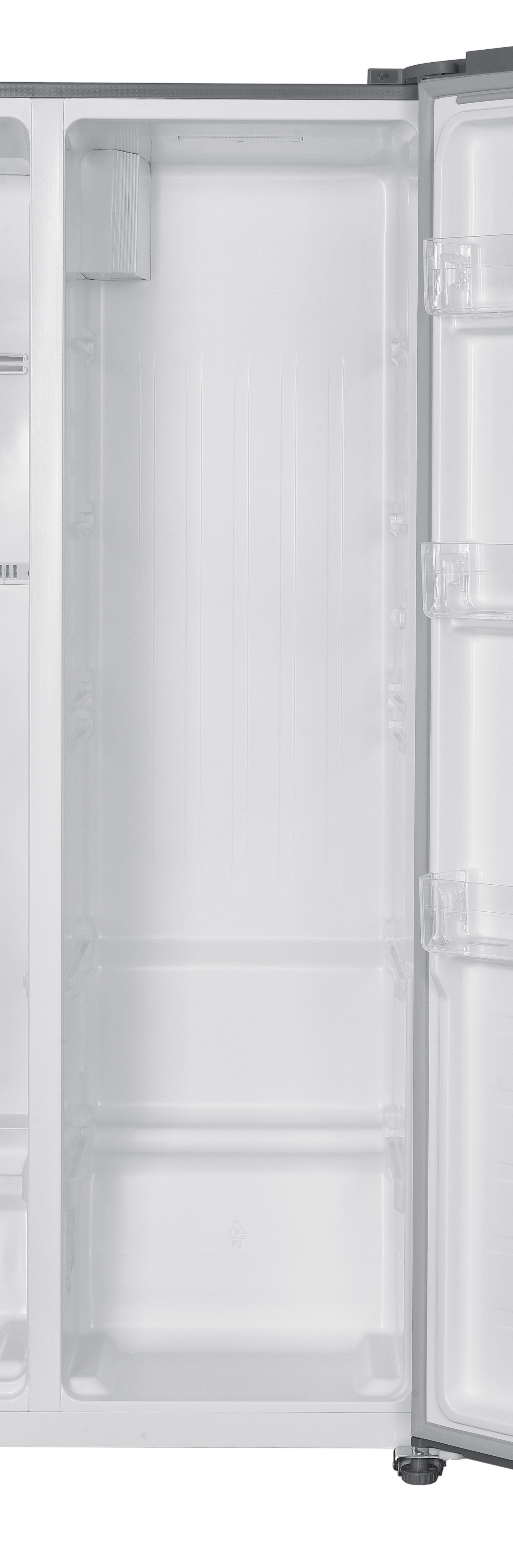 Otwarta biała lodówka z pustymi półkami. Prawe drzwi są otwarte, odsłaniając wnętrze.