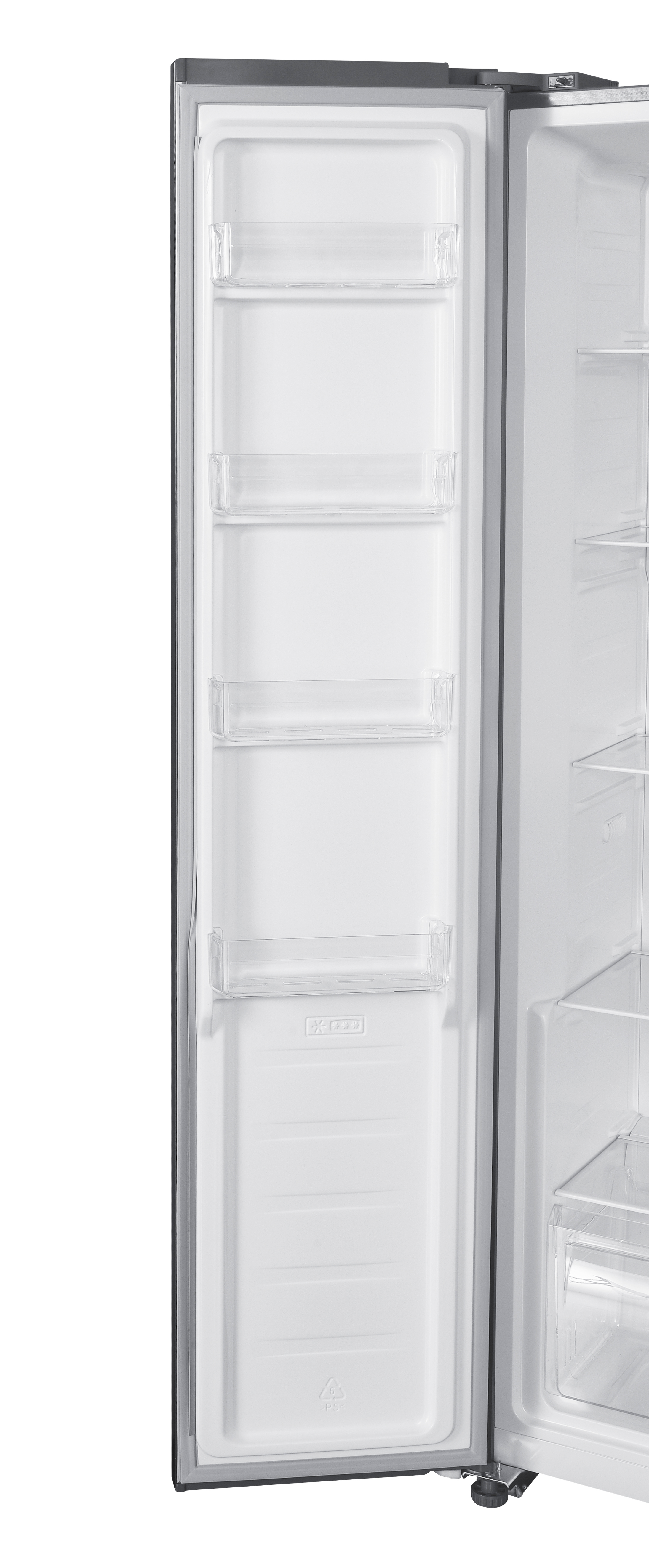 Otwarte drzwi lodówki pokazują półki i przegródki. Drzwi mają przezroczyste plastikowe półki. Wnętrze jest białe.