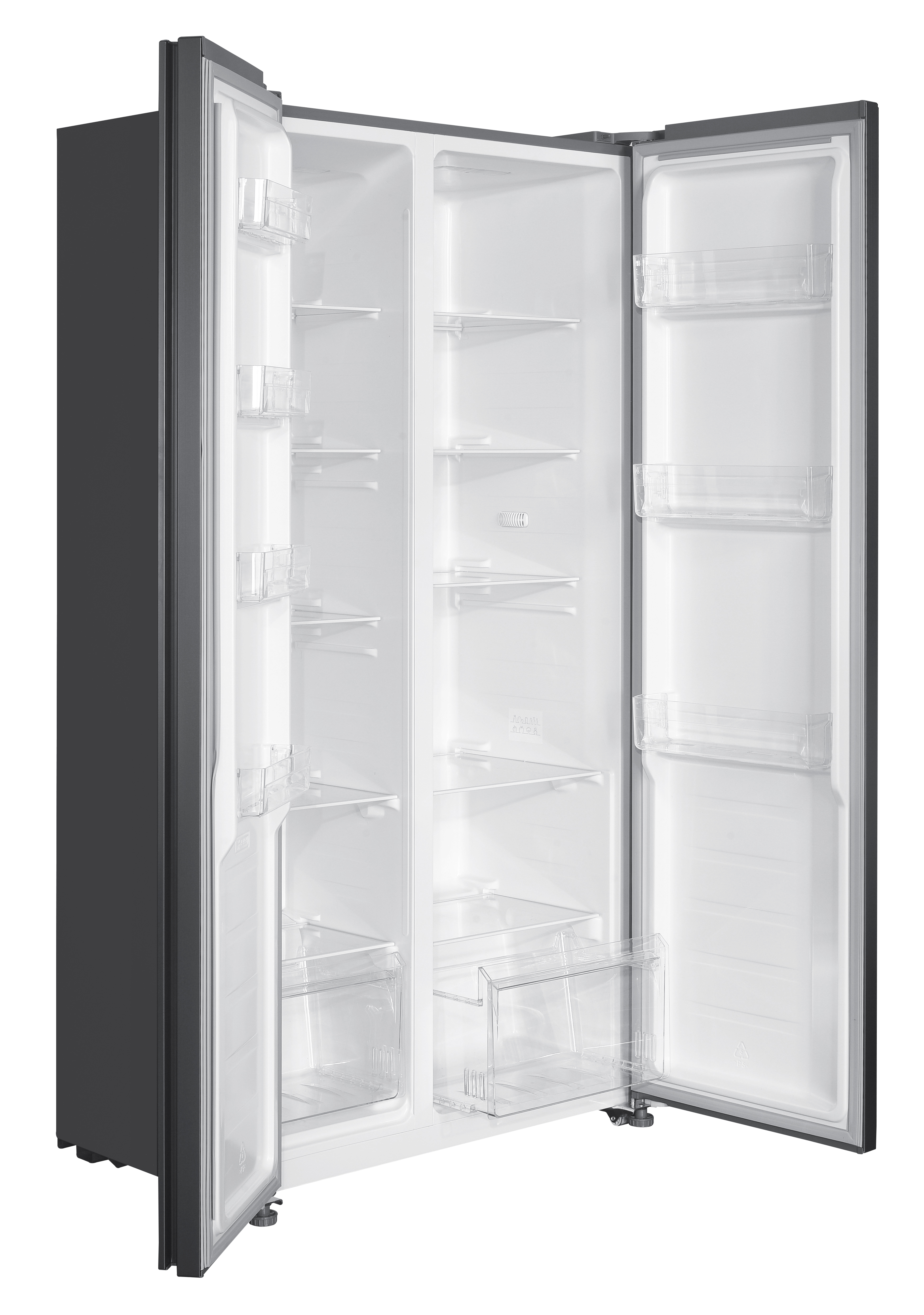 Otwarta czarna lodówka z pustym białym wnętrzem. Widoczne półki, przezroczyste pojemniki i przegrody drzwi.