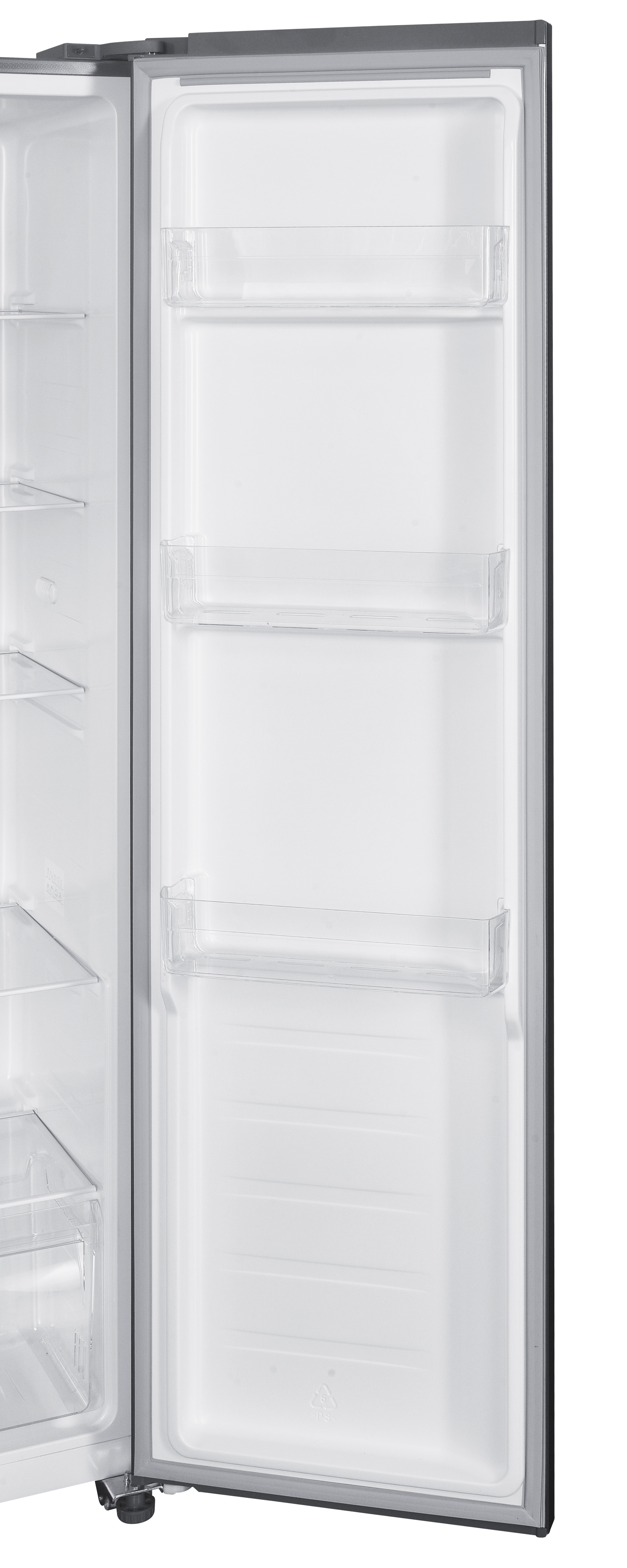 Otwarte drzwi lodówki pokazują puste półki i przezroczyste plastikowe pojemniki na drzwiach. Wnętrze białe, rama ciemna.