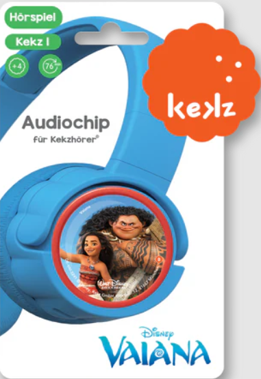 Blaue Kinderkopfhörer, Disney Vaiana-Motiv. Mit Moana und Maui. Die Verpackung enthält Produktdetails und das 'Kekz'-Logo.