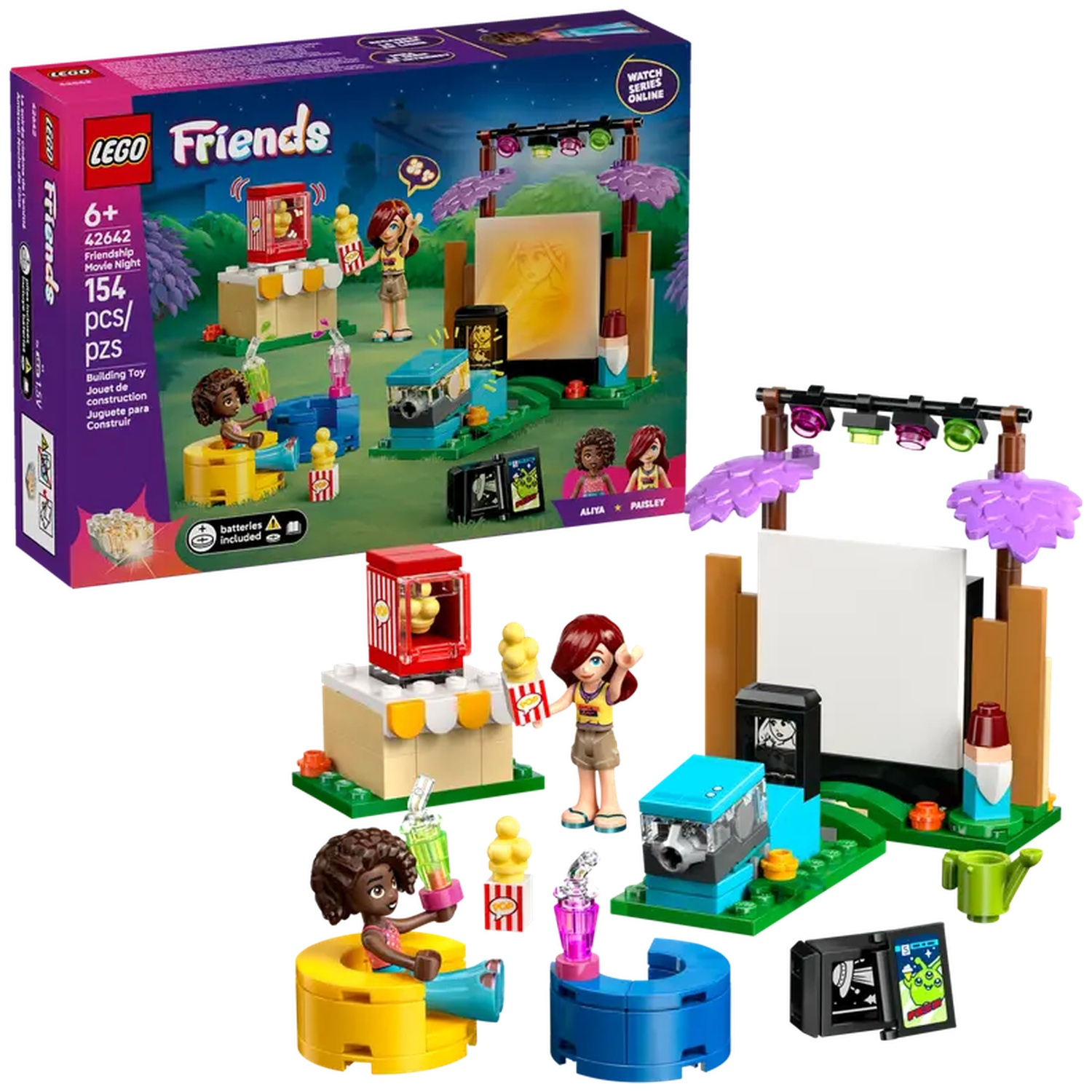 Lego Friends Movie Night set. It includes mini figures, a screen, popcorn stand, projector, and other accessories.