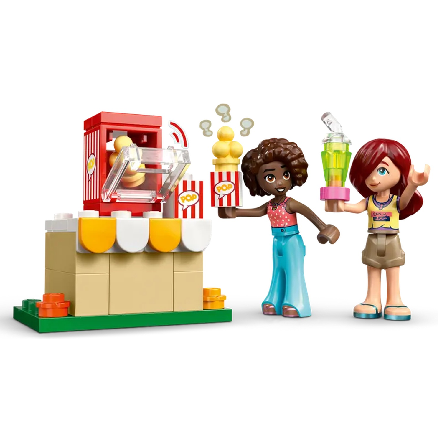 Two Lego figures with popcorn and drink. A popcorn stand is in the background. The figures are smiling.