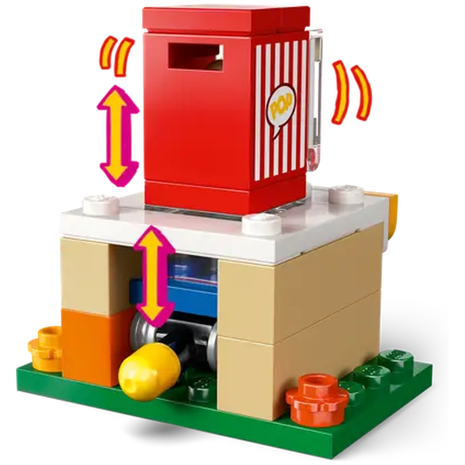 A Lego popcorn machine. It has a red top, a white and tan base, and sits on a green base. Arrows show movement.