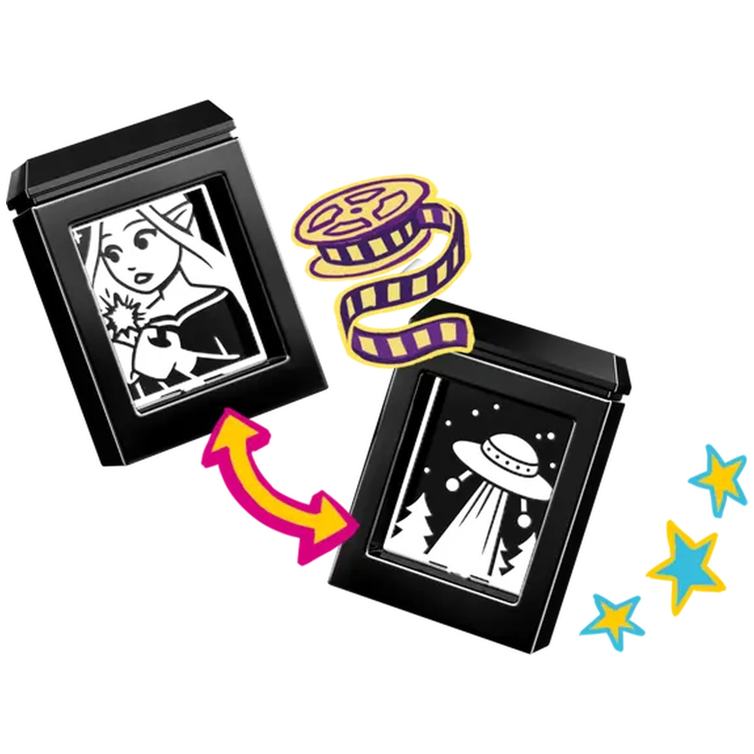 Two black frames with images, film reel, and stars. One frame shows a woman, the other a UFO. A pink arrow connects them.