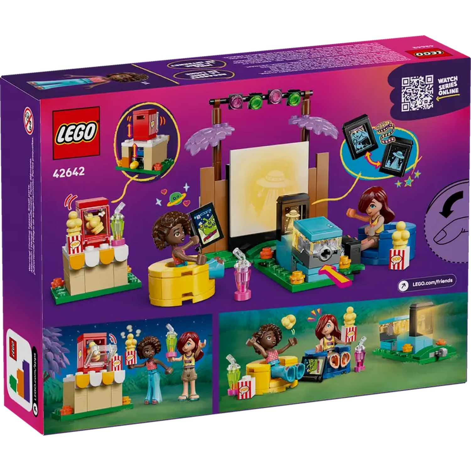 Lego box with multiple scenes of Lego figures, popcorn stands, and a movie screen, all in bright colors.