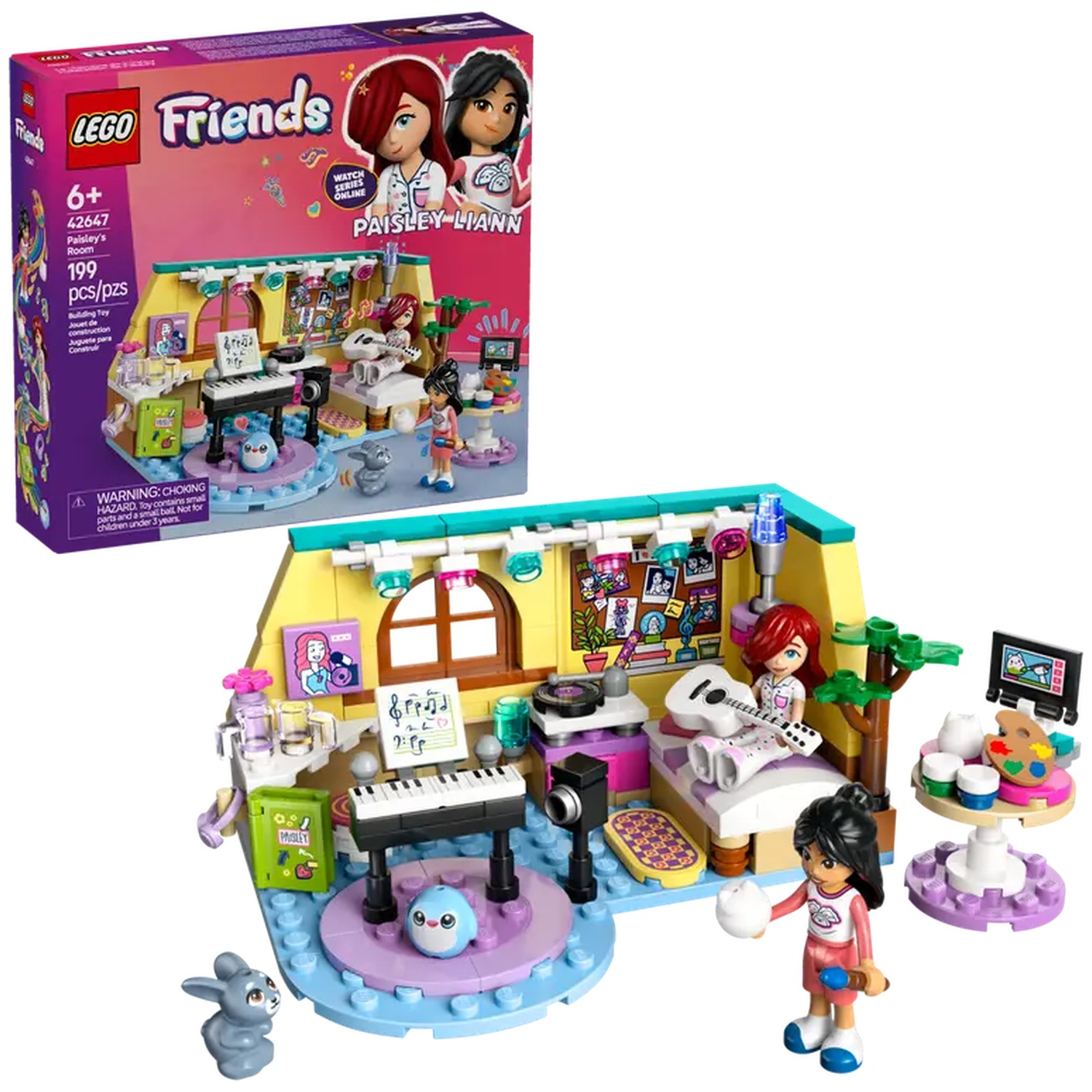 Ensemble Lego Friends. Comprend des figurines, une scène avec un clavier, une guitare et des accessoires. Une boîte est montrée en haut à gauche.