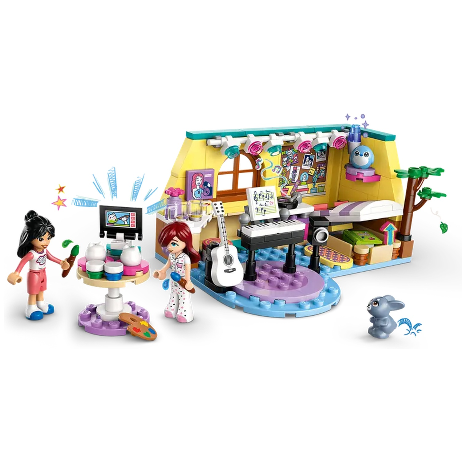 Ensemble Lego Friends avec deux figurines, une scène avec des instruments et une petite figurine d'animal. Couleurs vives et détaillées.