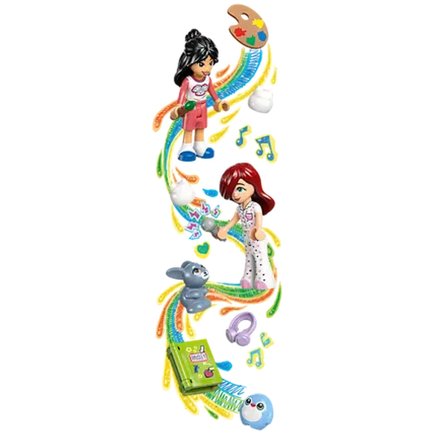 Deux filles jouets, arc-en-ciel, palette, notes de musique, lapin, livre, casque et oiseau sur fond blanc.