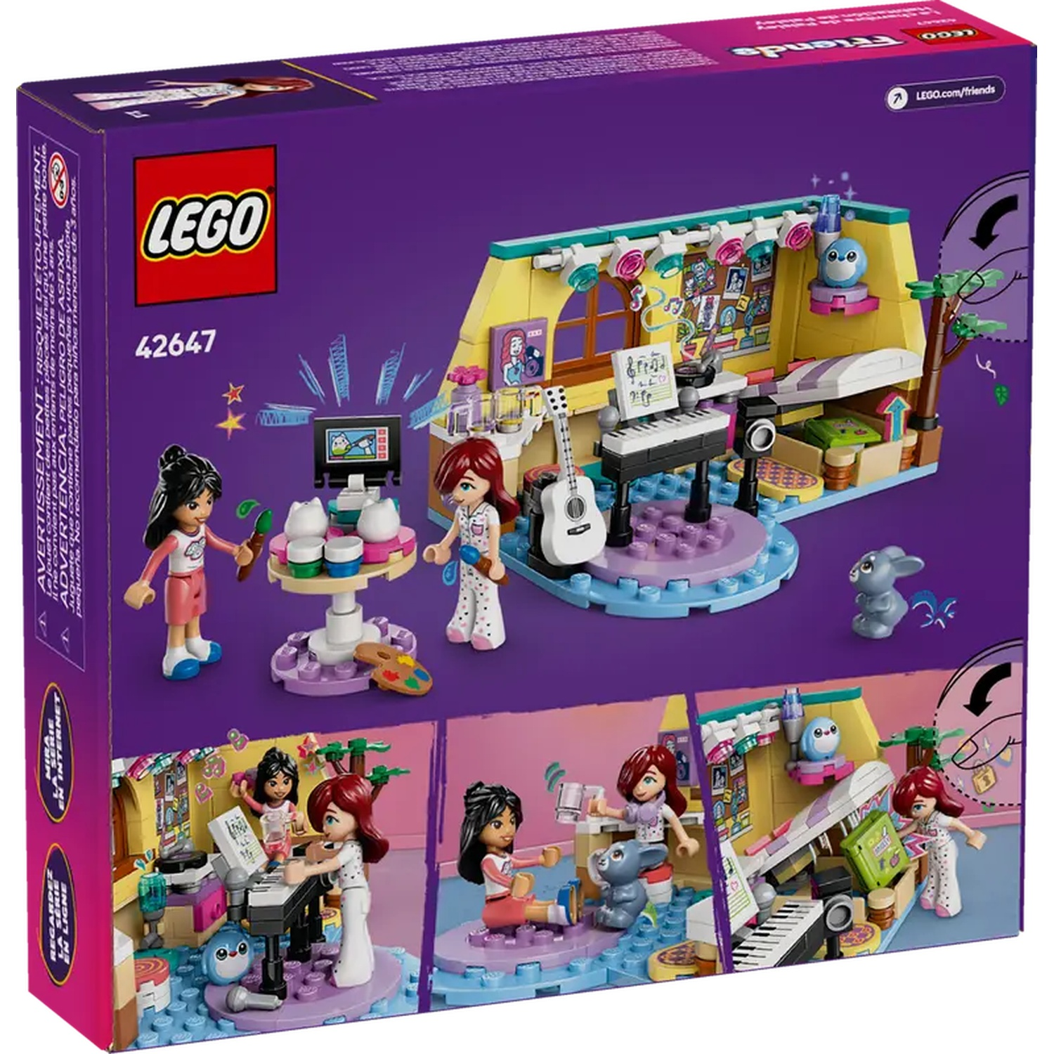 Boîte Lego Friends. Elle montre une scène de studio de musique avec des figurines, un clavier, une guitare et divers accessoires, sur fond violet.