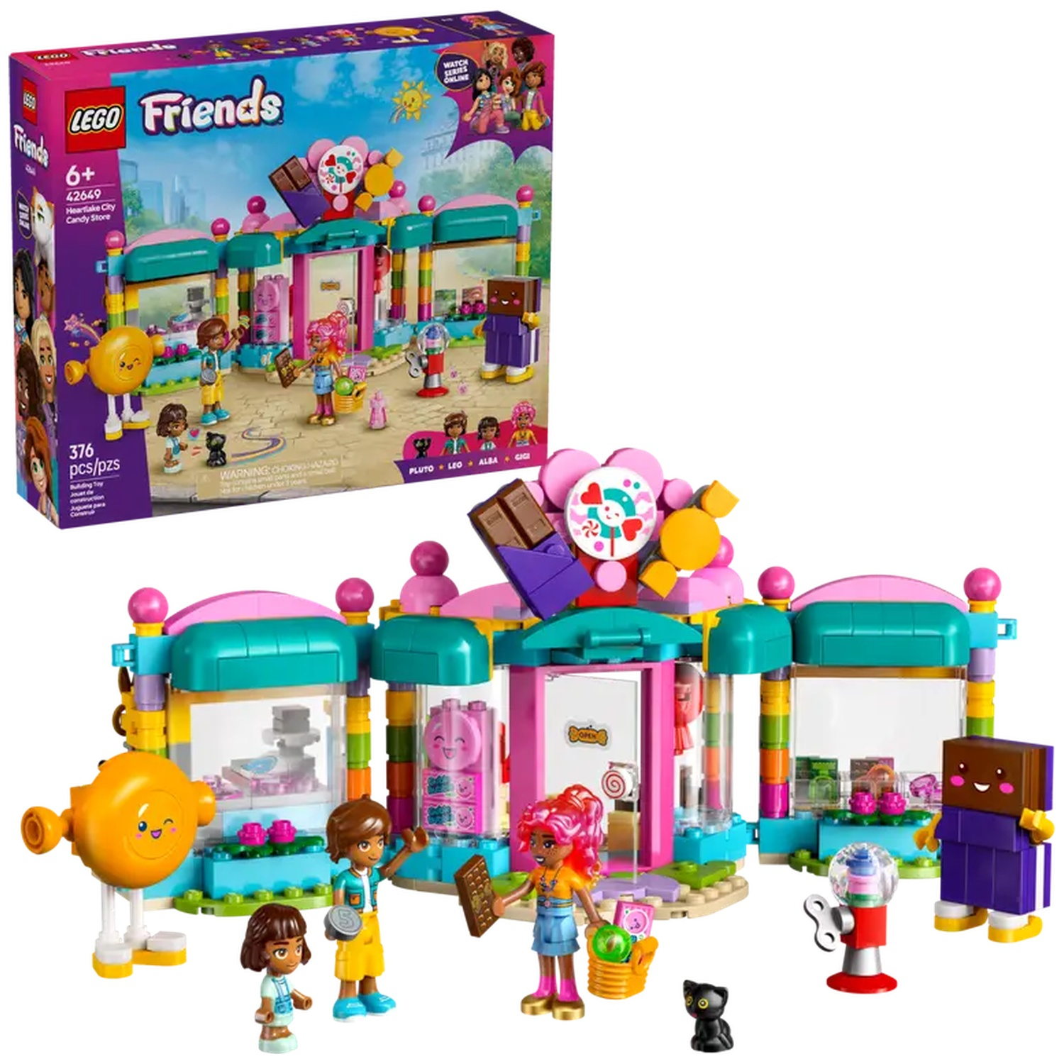 Lego Friends set. Candy store with figures, cat, and candy machine. Box shows the set with various characters.